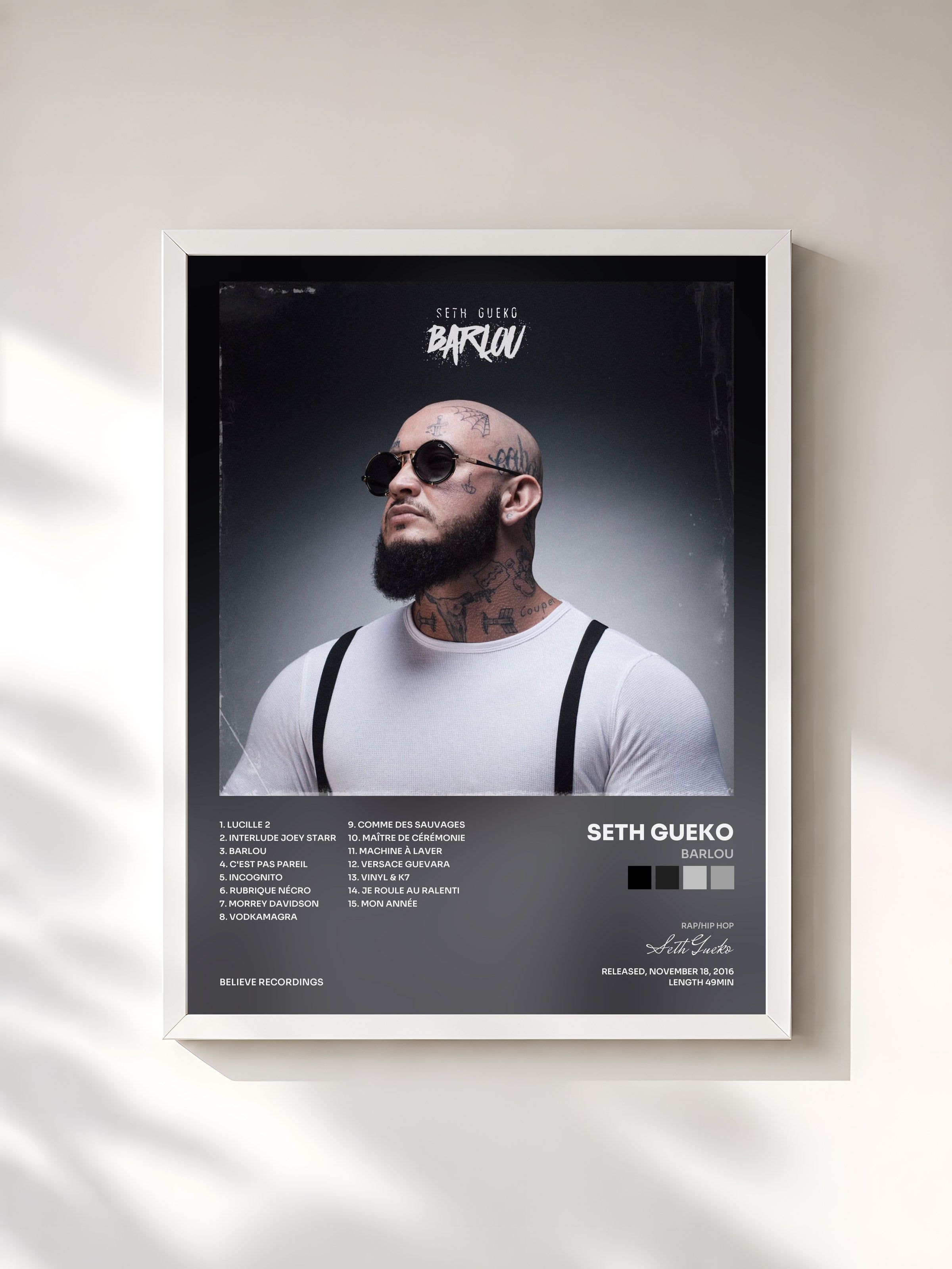 #blanc Tableau de l'album Barlou de Seth Gueko, cadre blanc, imprimé et encadré en France