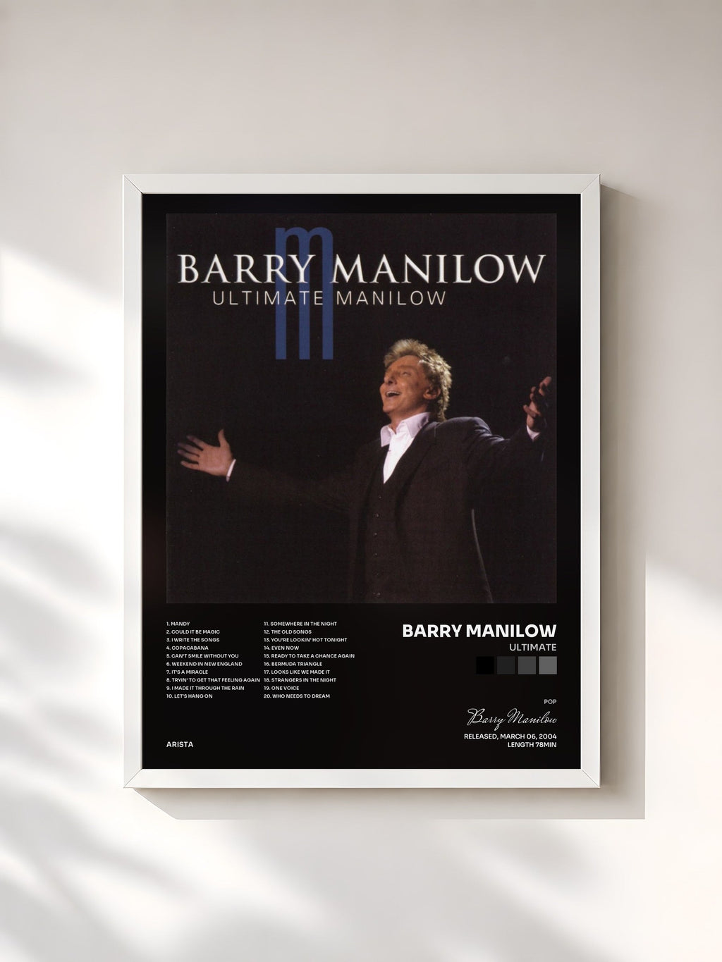 #blanc Ultimate de Barry Manilow en lámina enmarcada, marco blanco, impresa y enmarcada en Francia