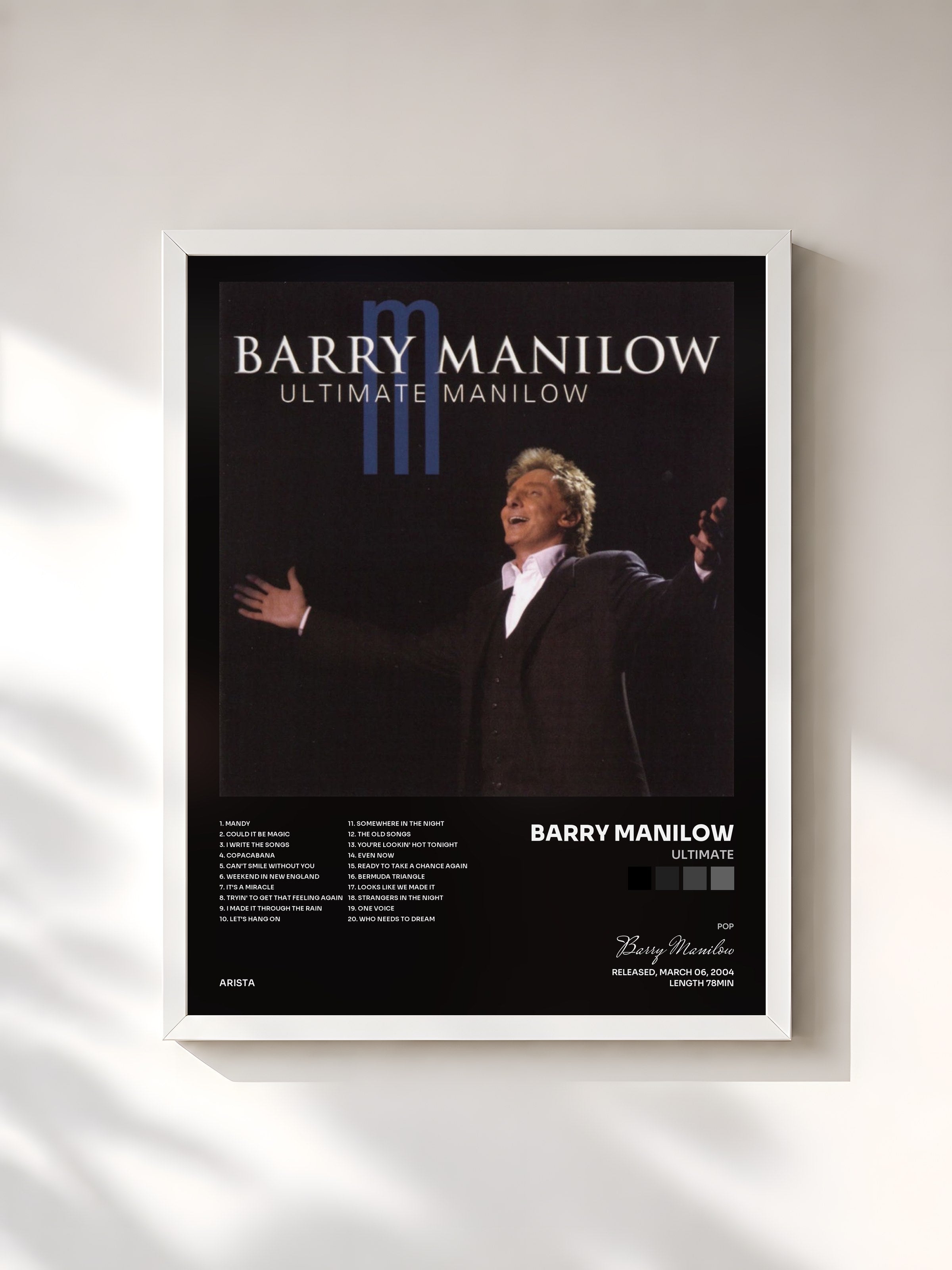 #blanc Tableau de l'album Ultimate de Barry Manilow, cadre blanc, imprimé et encadré en France