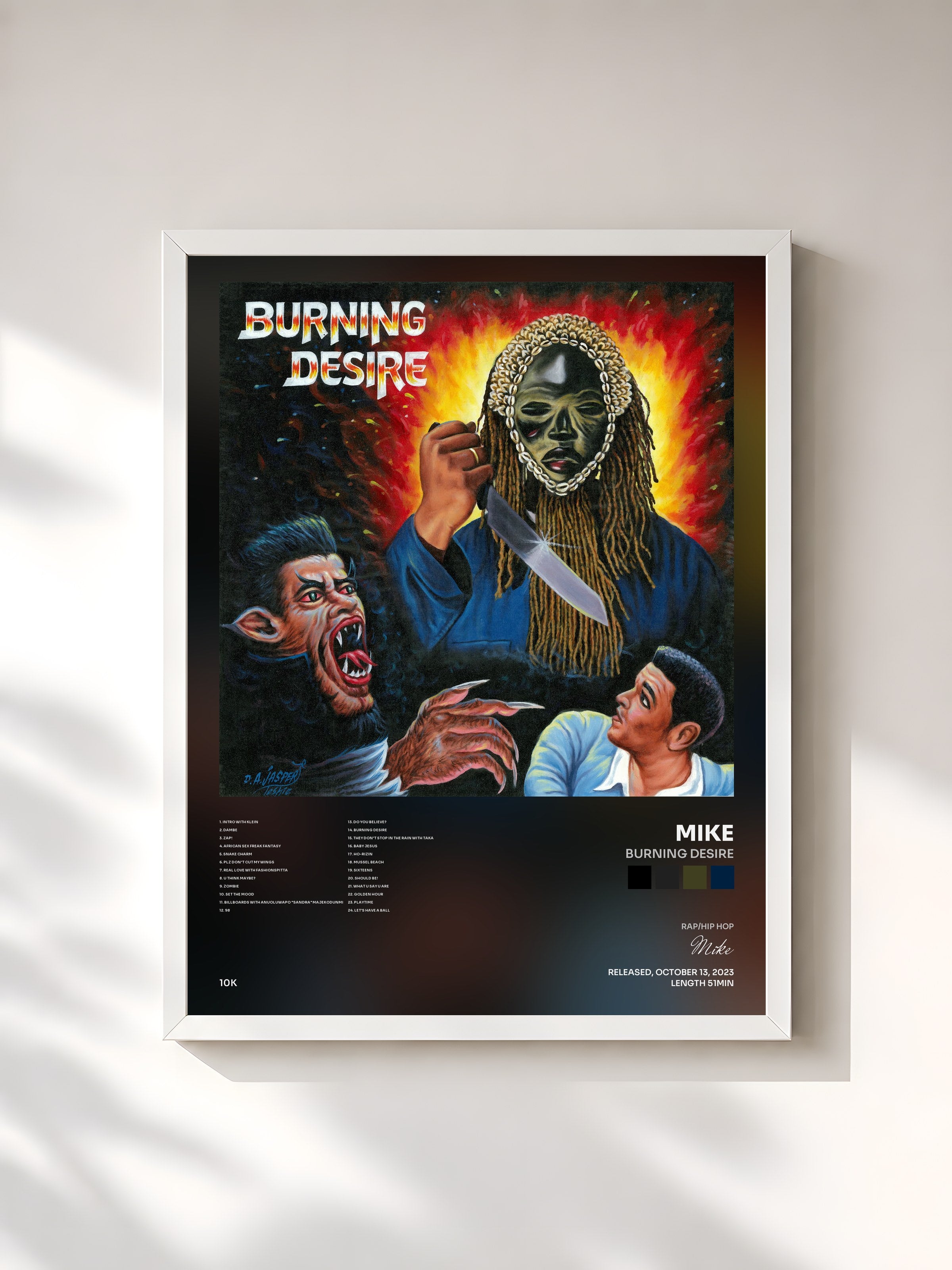 #blanc Tableau de l'album Burning Desire de Mike, cadre blanc, imprimé et encadré en France