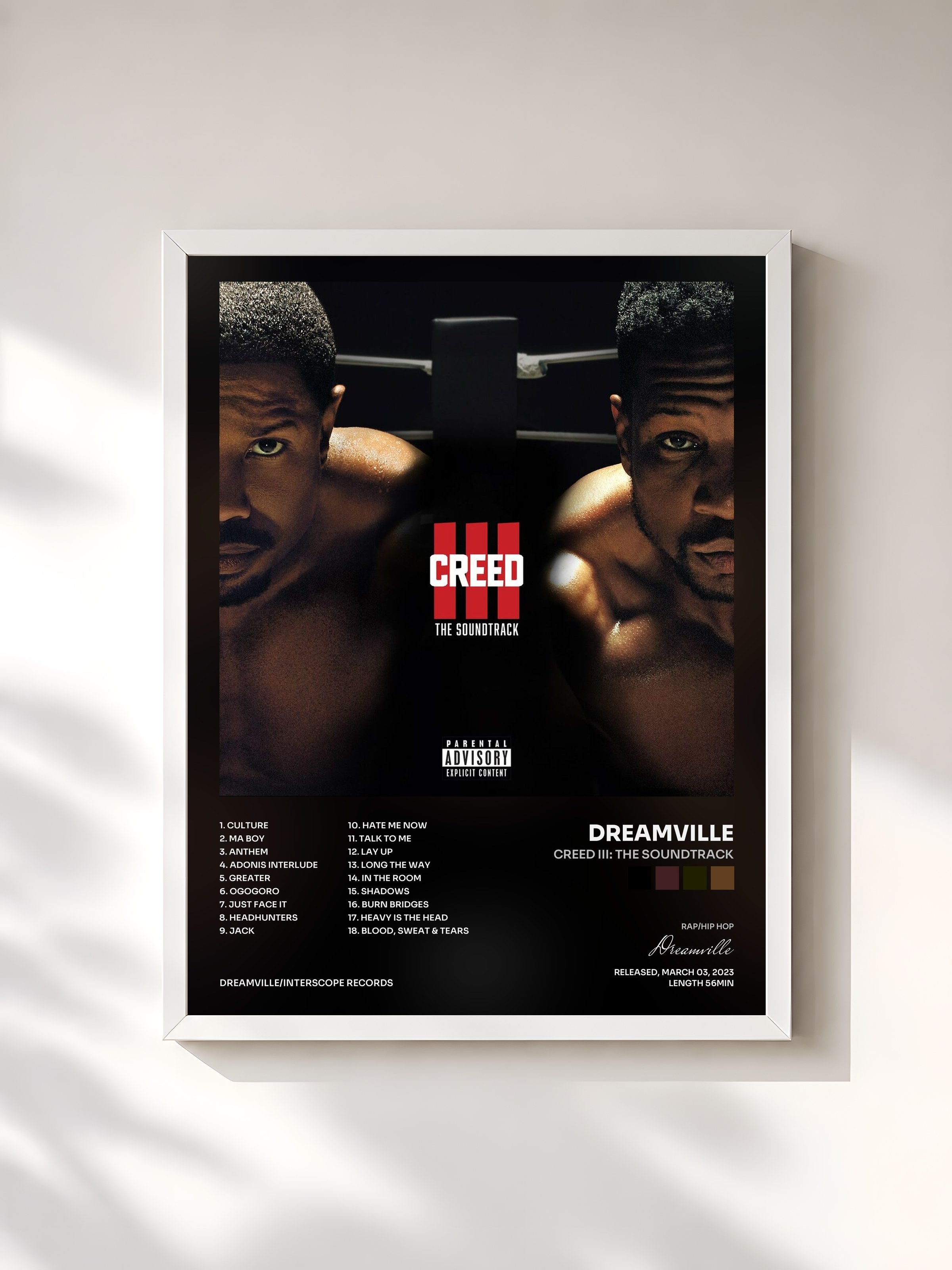 #blanc Tableau de l'album Creed III: The Soundtrack de Dreamville, cadre blanc, imprimé et encadré en France