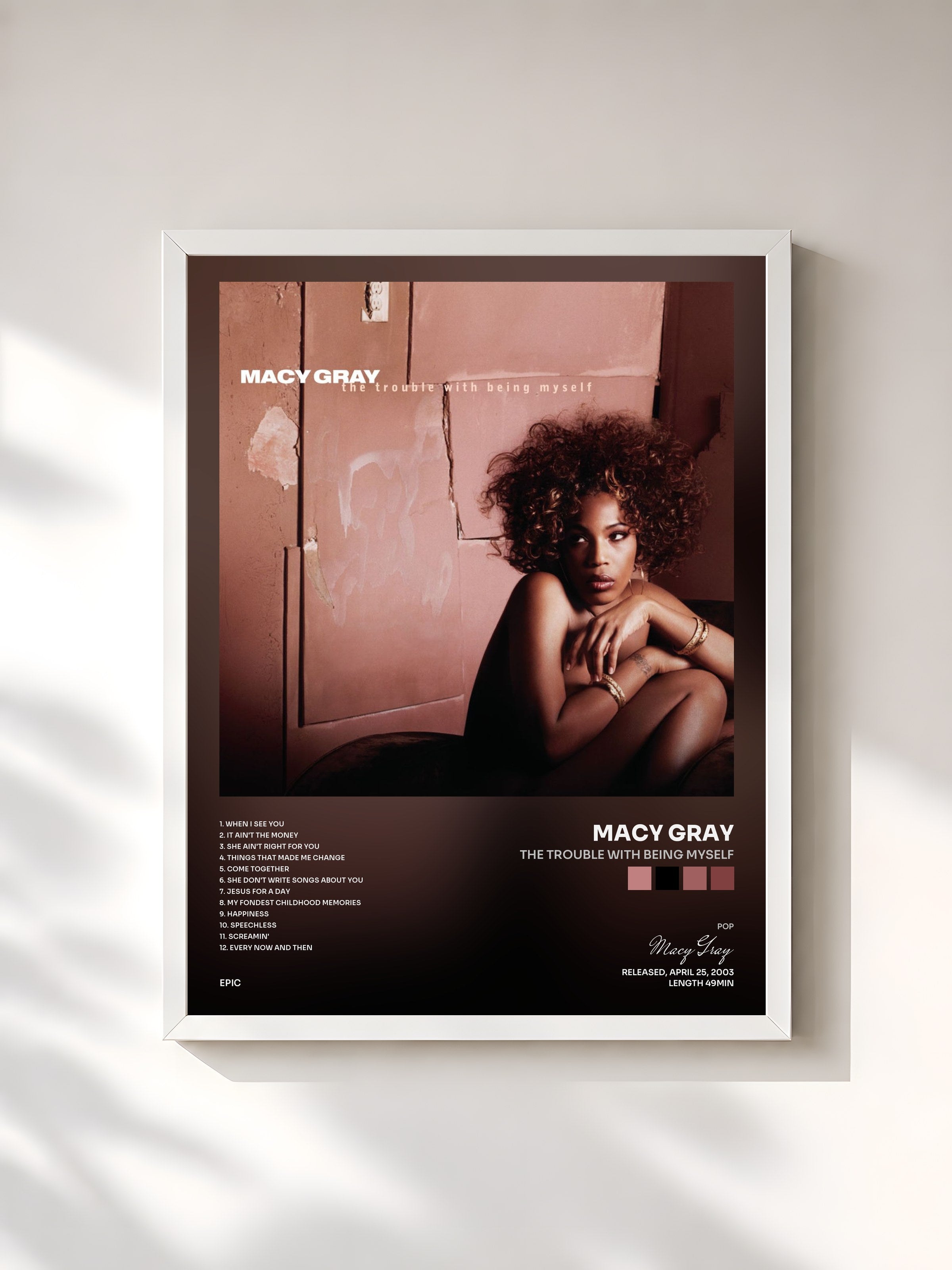 #blanc Tableau de l'album The Trouble With Being Myself de Macy Gray, cadre blanc, imprimé et encadré en France