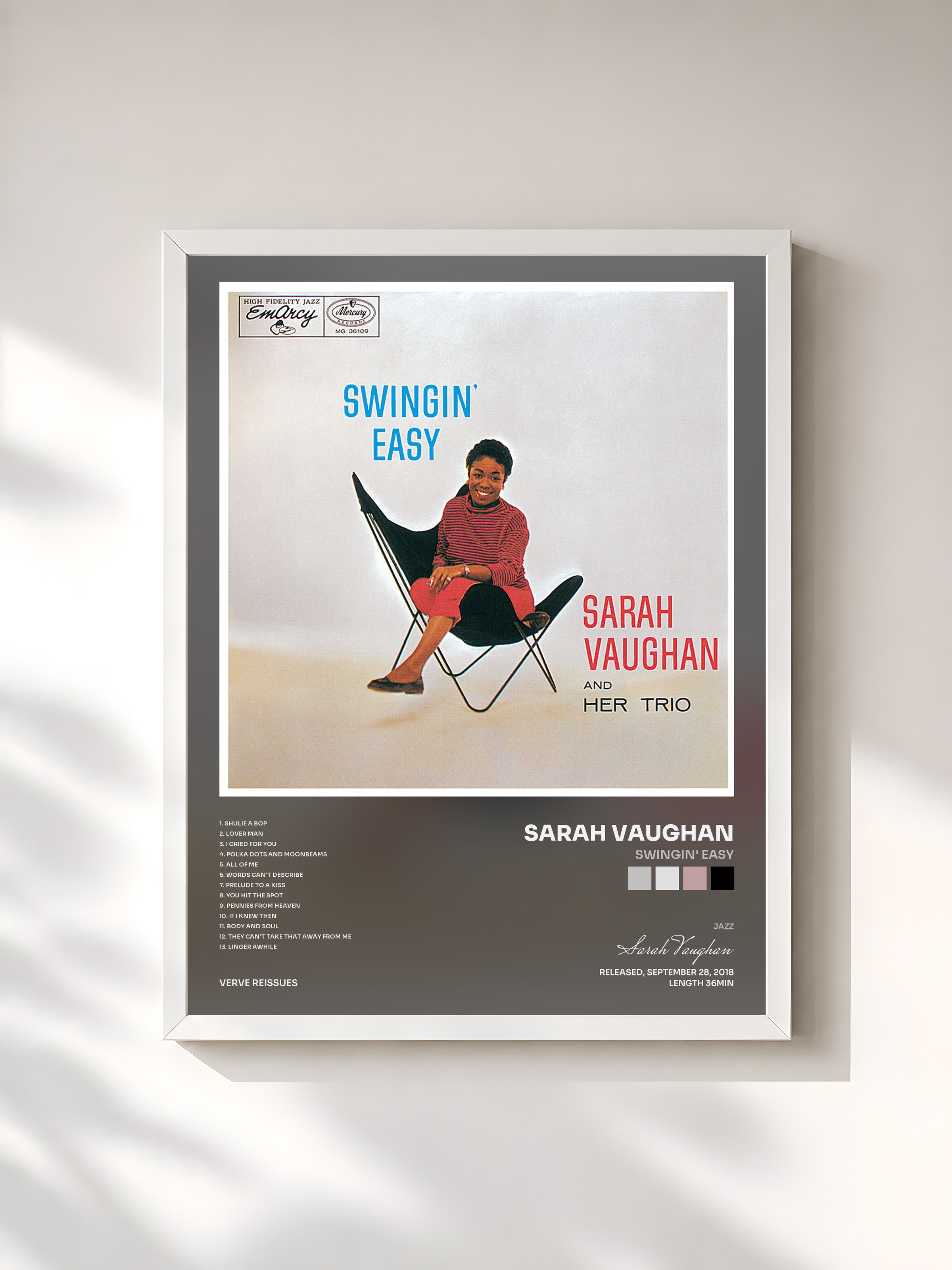 #blanc Tableau de l'album Swingin' Easy de Sarah Vaughan, cadre blanc, imprimé et encadré en France