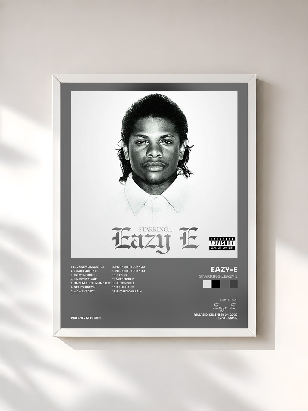 #blanc Tableau de l'album Starring...Eazy E de Eazy-E, cadre blanc, imprimé et encadré en France