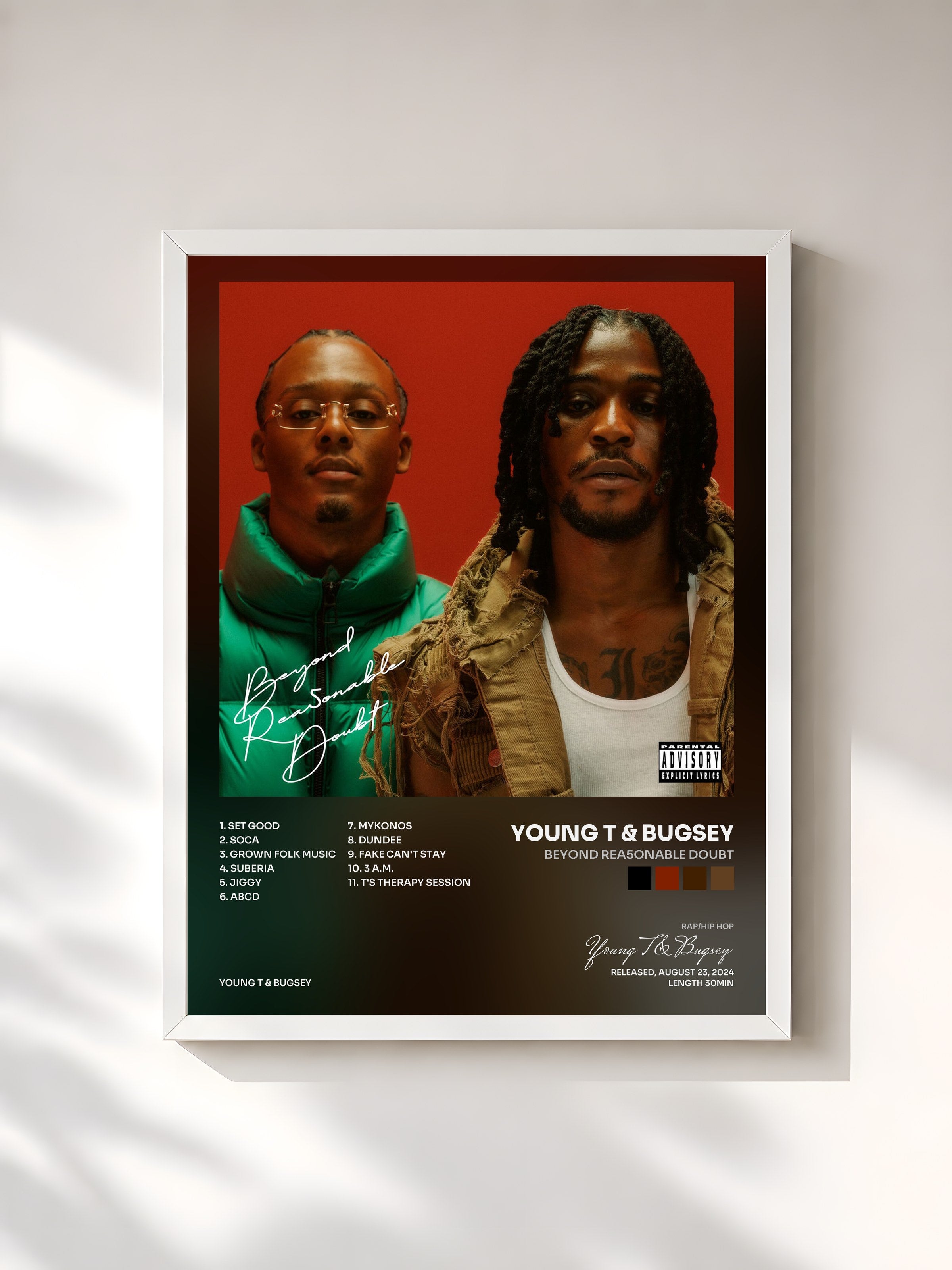 #blanc Tableau de l'album Beyond Rea5onable Doubt de Young T & Bugsey, cadre blanc, imprimé et encadré en France