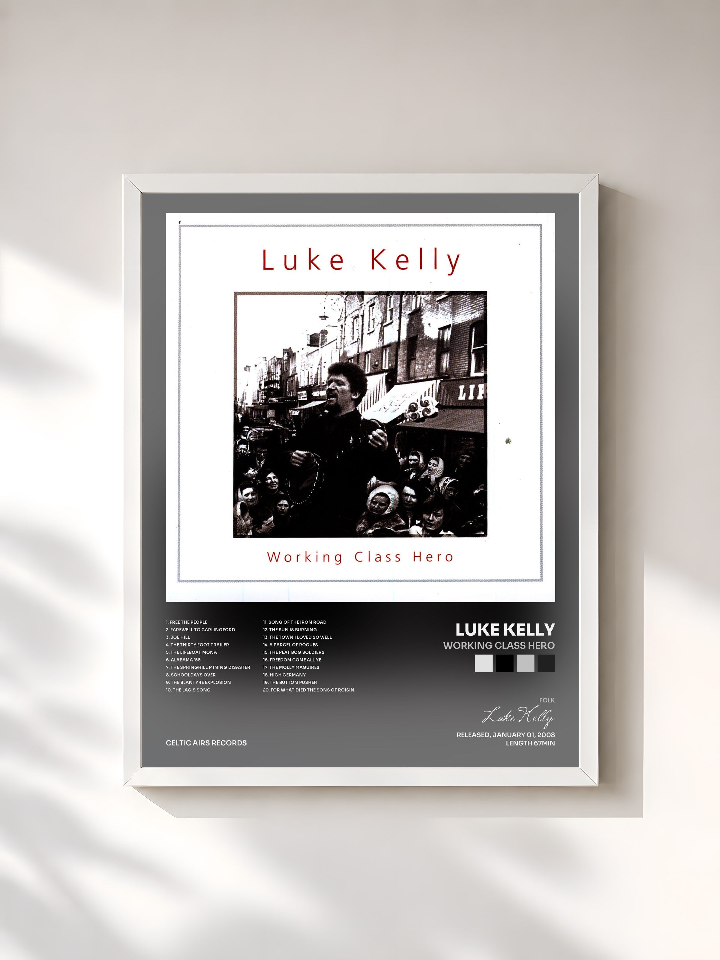 #blanc Tableau de l'album Working Class Hero de Luke Kelly, cadre blanc, imprimé et encadré en France