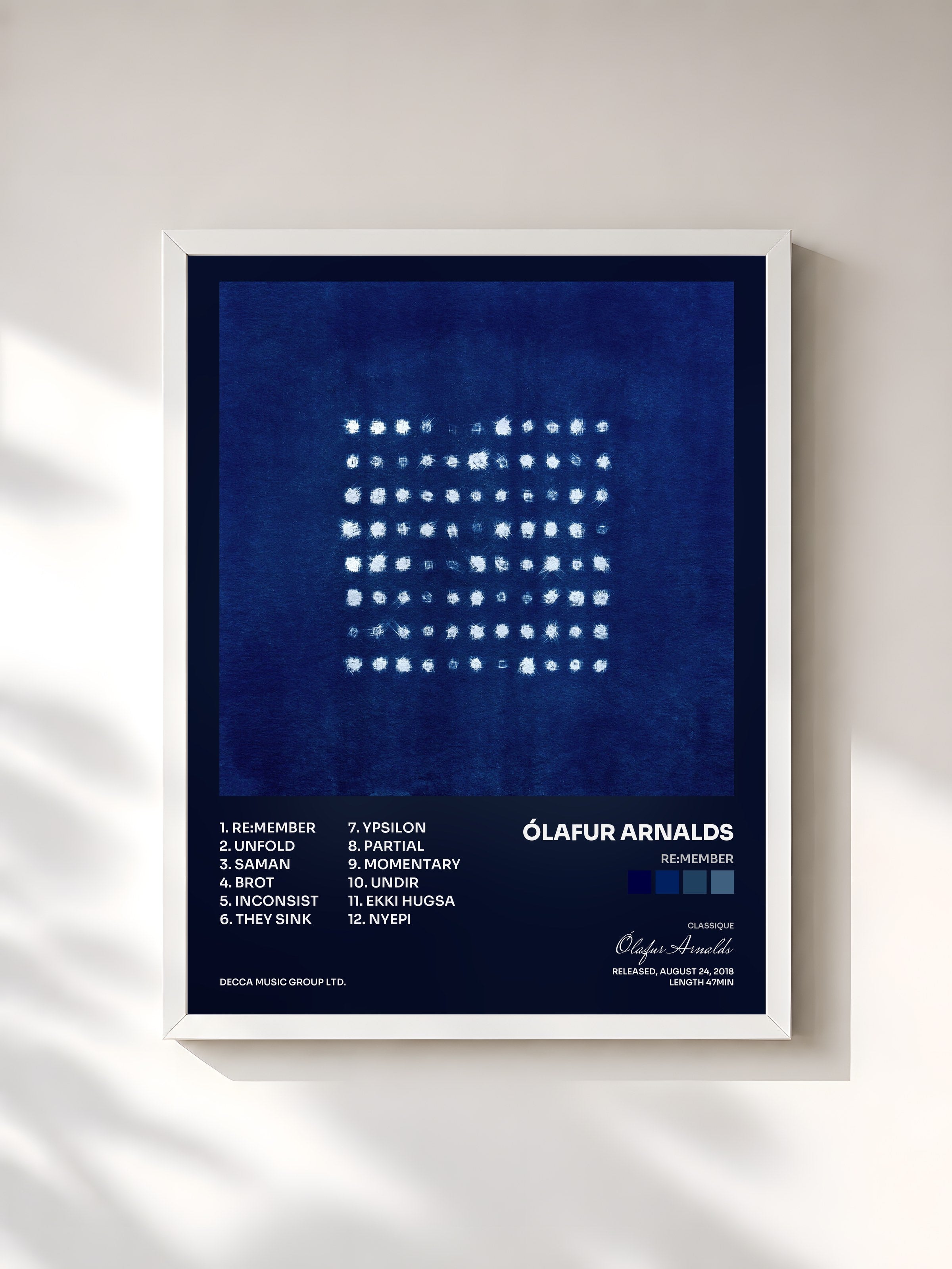 #blanc Tableau de l'album re:member de Ólafur Arnalds, cadre blanc, imprimé et encadré en France