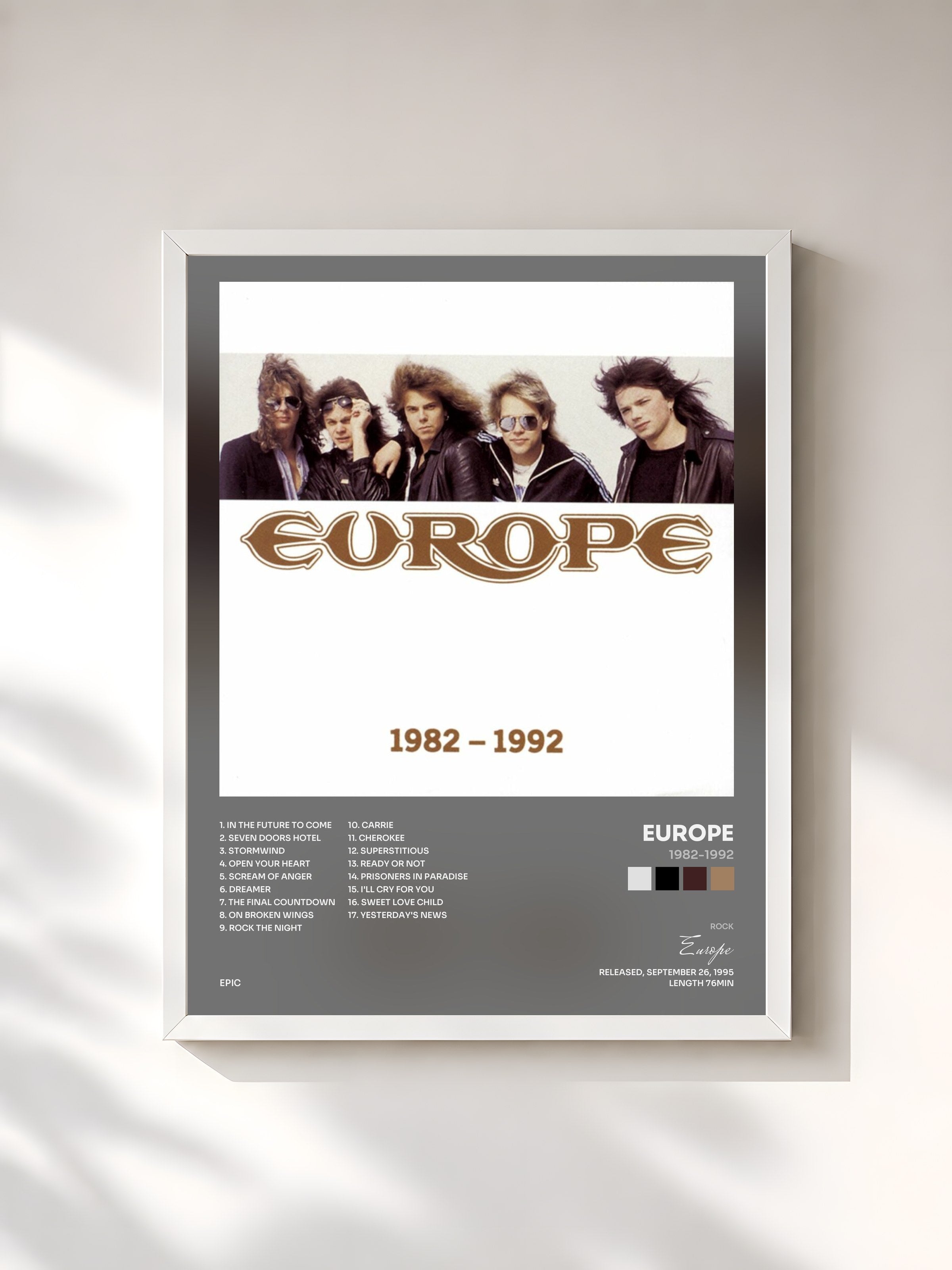 #blanc Tableau de l'album 1982-1992 de Europe, cadre blanc, imprimé et encadré en France