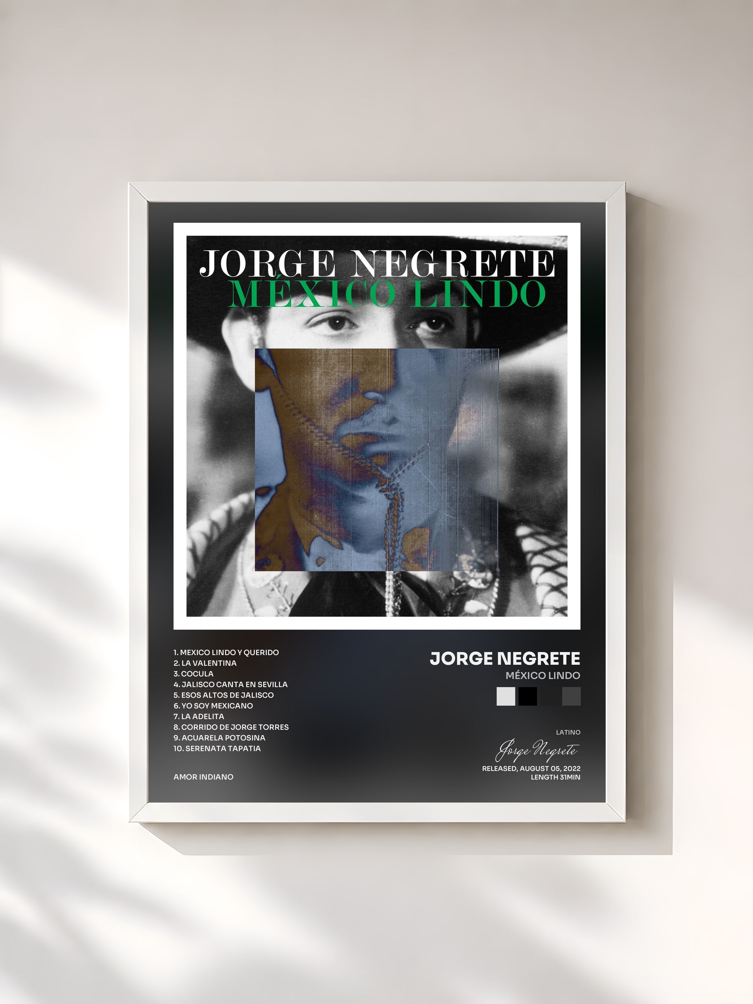#blanc Tableau de l'album México Lindo de Jorge Negrete, cadre blanc, imprimé et encadré en France