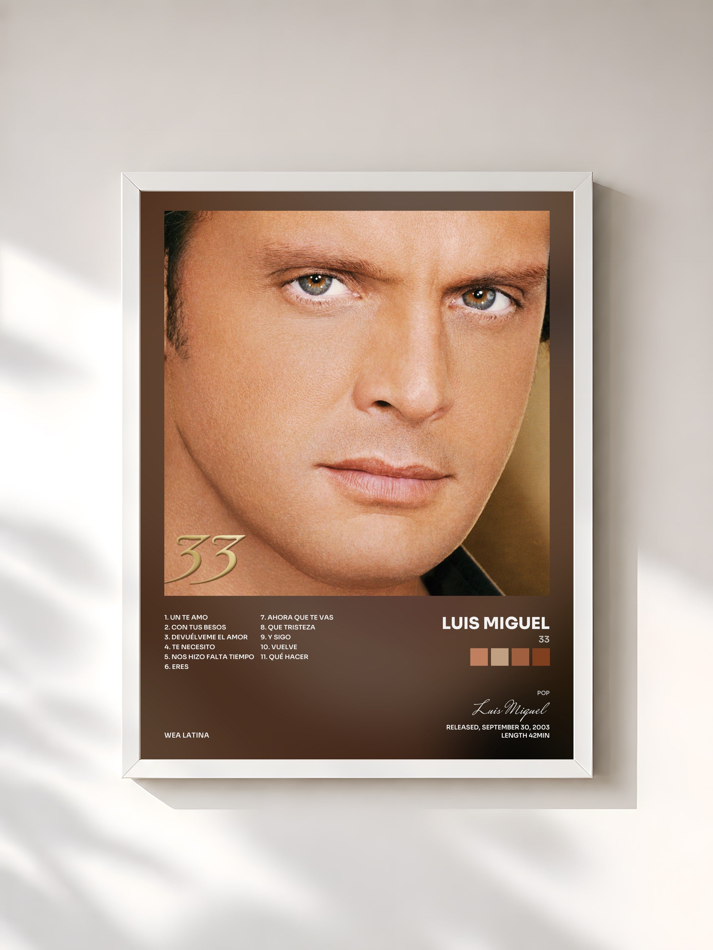 #blanc Tableau de l'album 33 de Luis Miguel, cadre blanc, imprimé et encadré en France