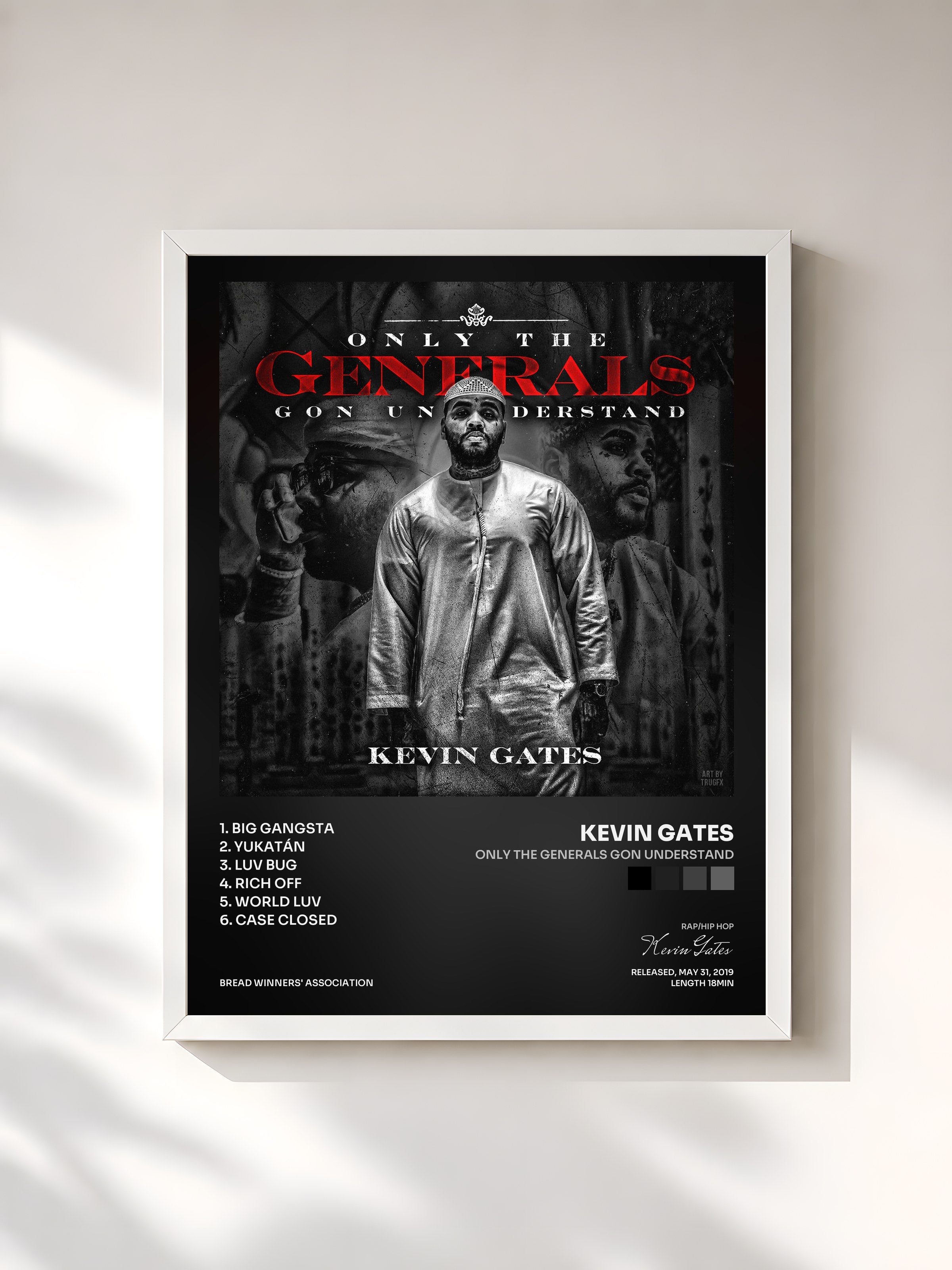 #blanc Tableau de l'album Only the Generals Gon Understand de Kevin Gates, cadre blanc, imprimé et encadré en France