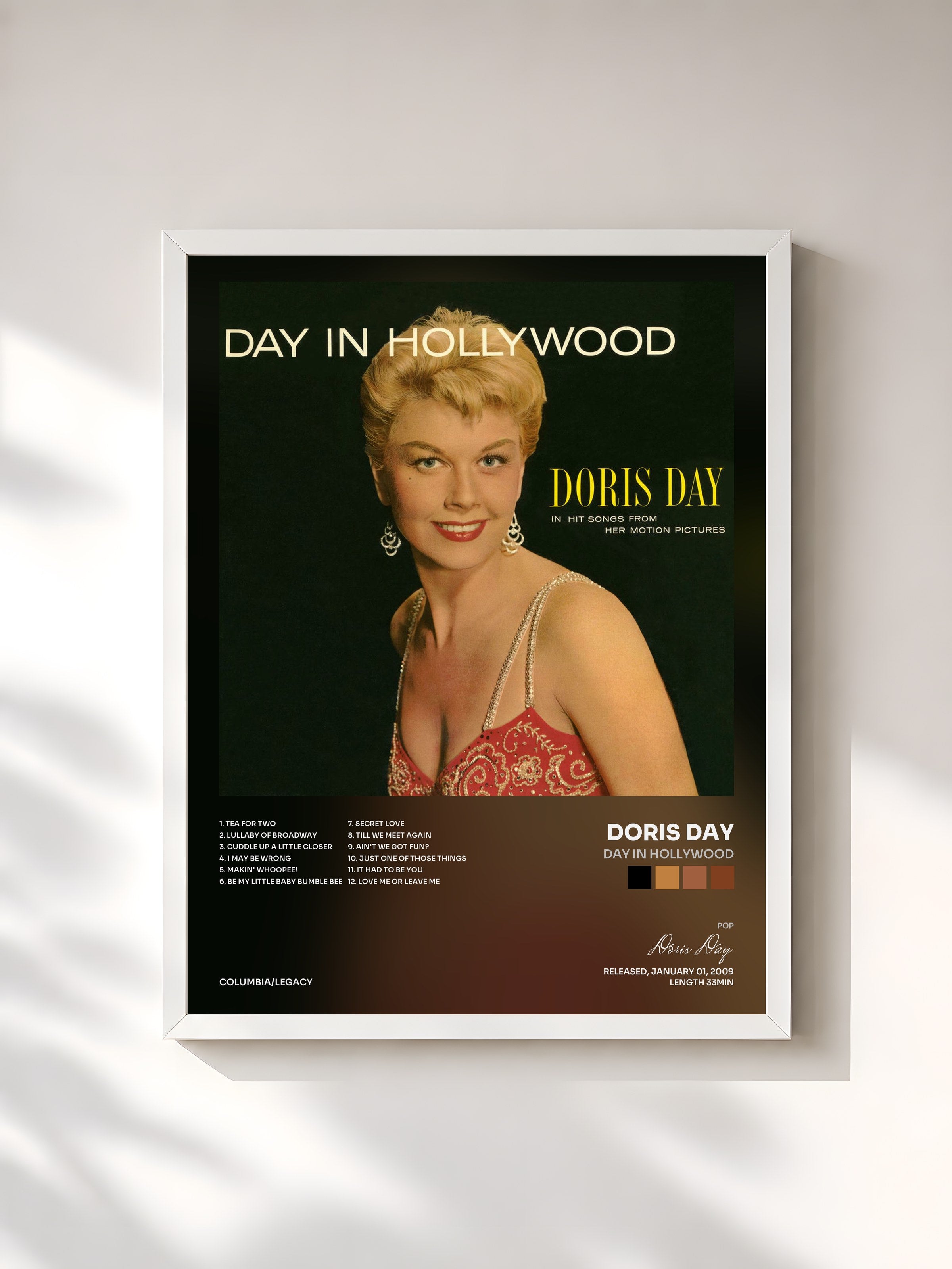#blanc Tableau de l'album Day in Hollywood de Doris Day, cadre blanc, imprimé et encadré en France