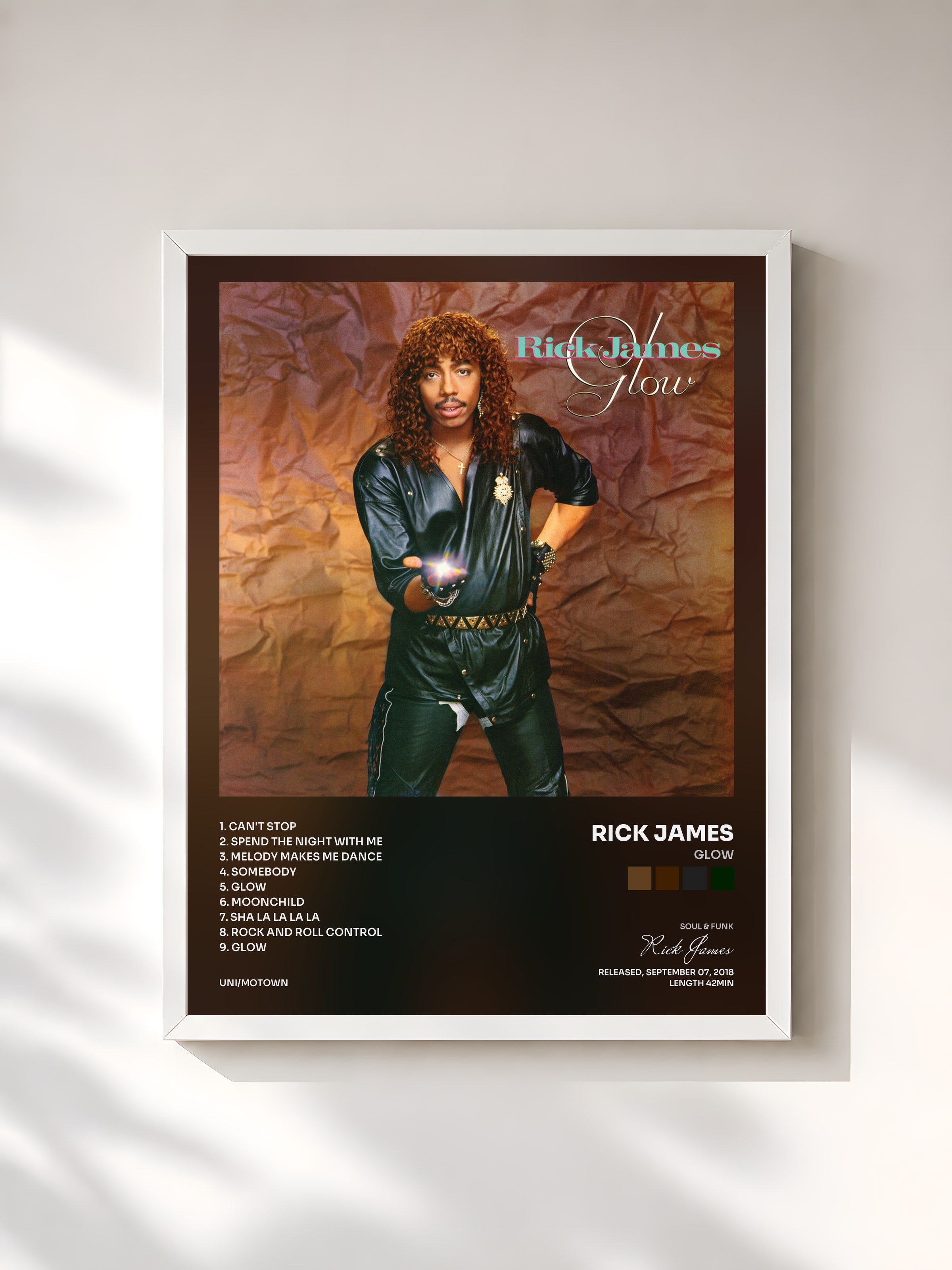 #blanc Tableau de l'album Glow de Rick James, cadre blanc, imprimé et encadré en France