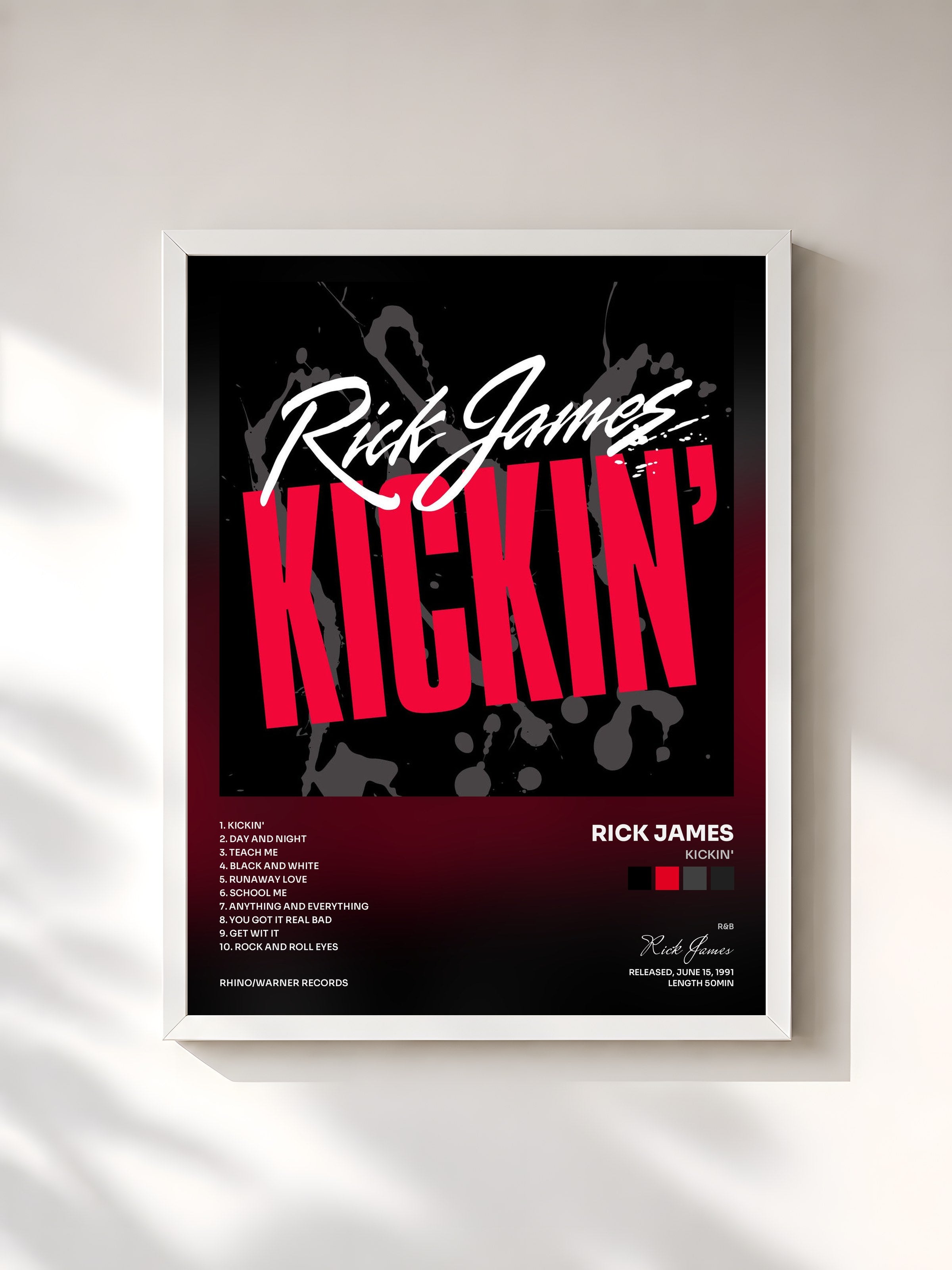 #blanc Tableau de l'album Kickin' de Rick James, cadre blanc, imprimé et encadré en France