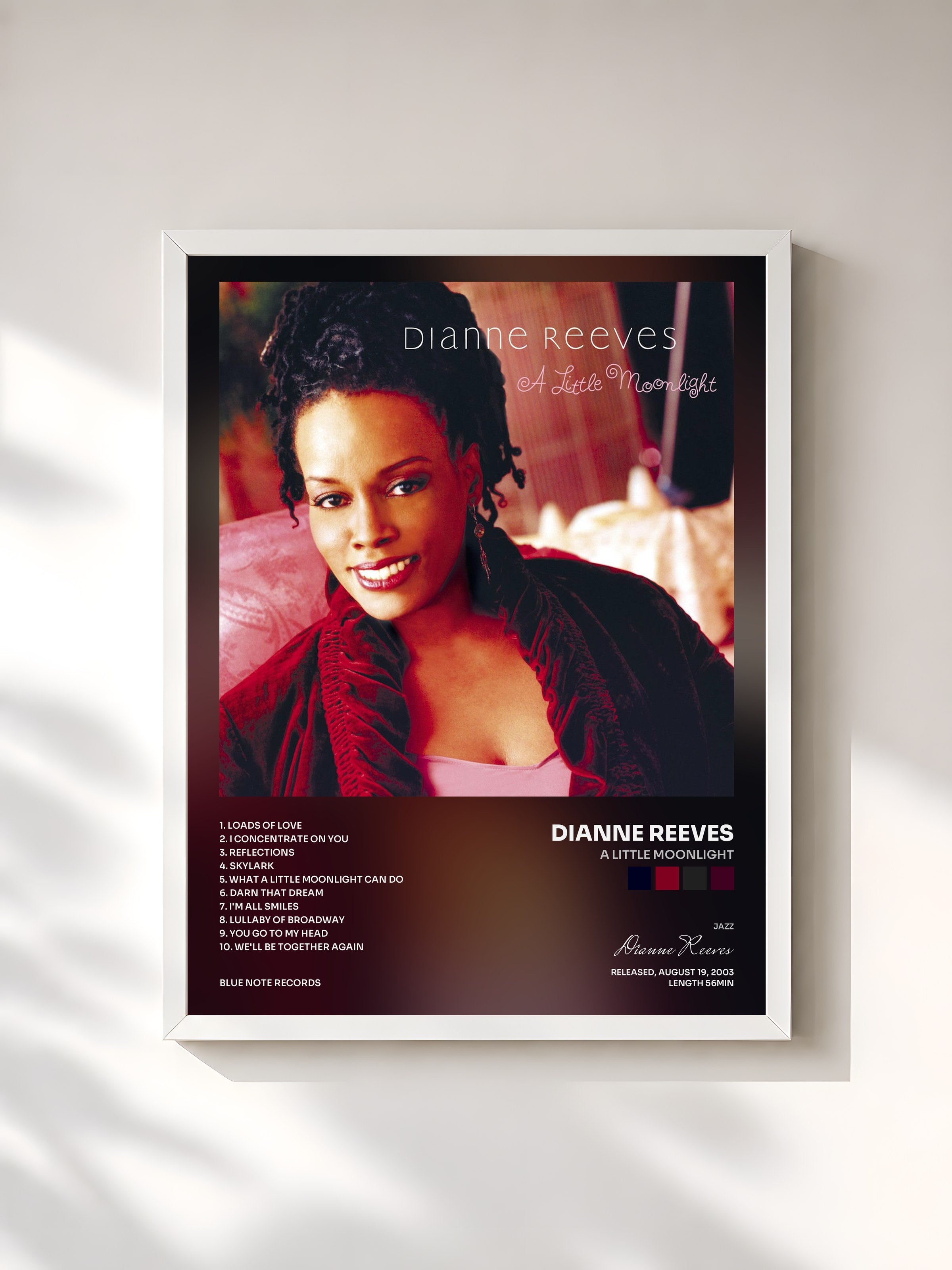 #blanc Tableau de l'album A Little Moonlight de Dianne Reeves, cadre blanc, imprimé et encadré en France