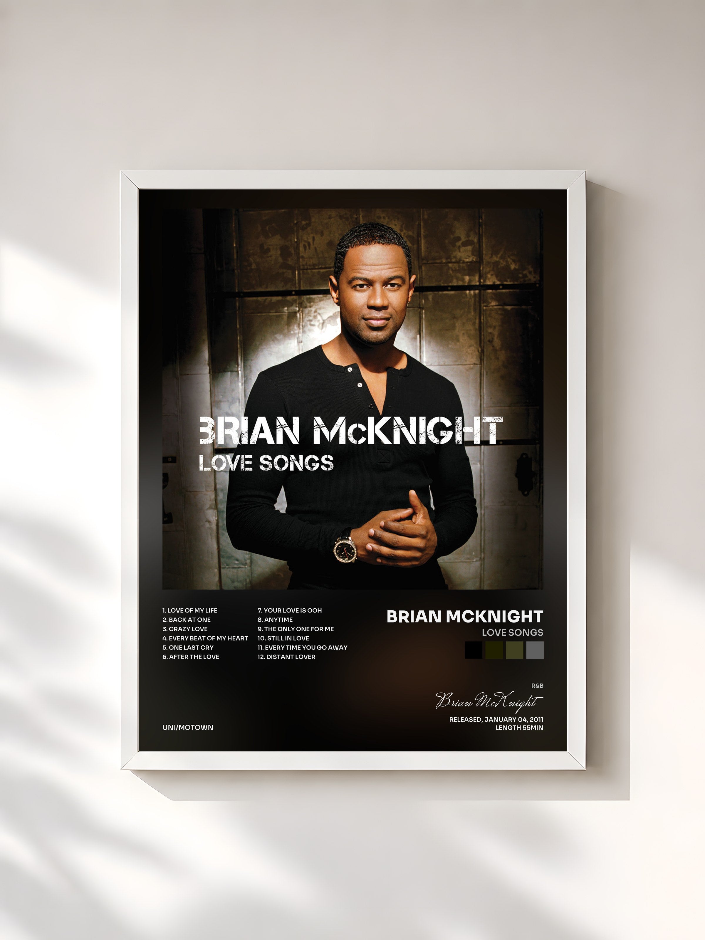 #blanc Tableau de l'album Love Songs de Brian McKnight, cadre blanc, imprimé et encadré en France