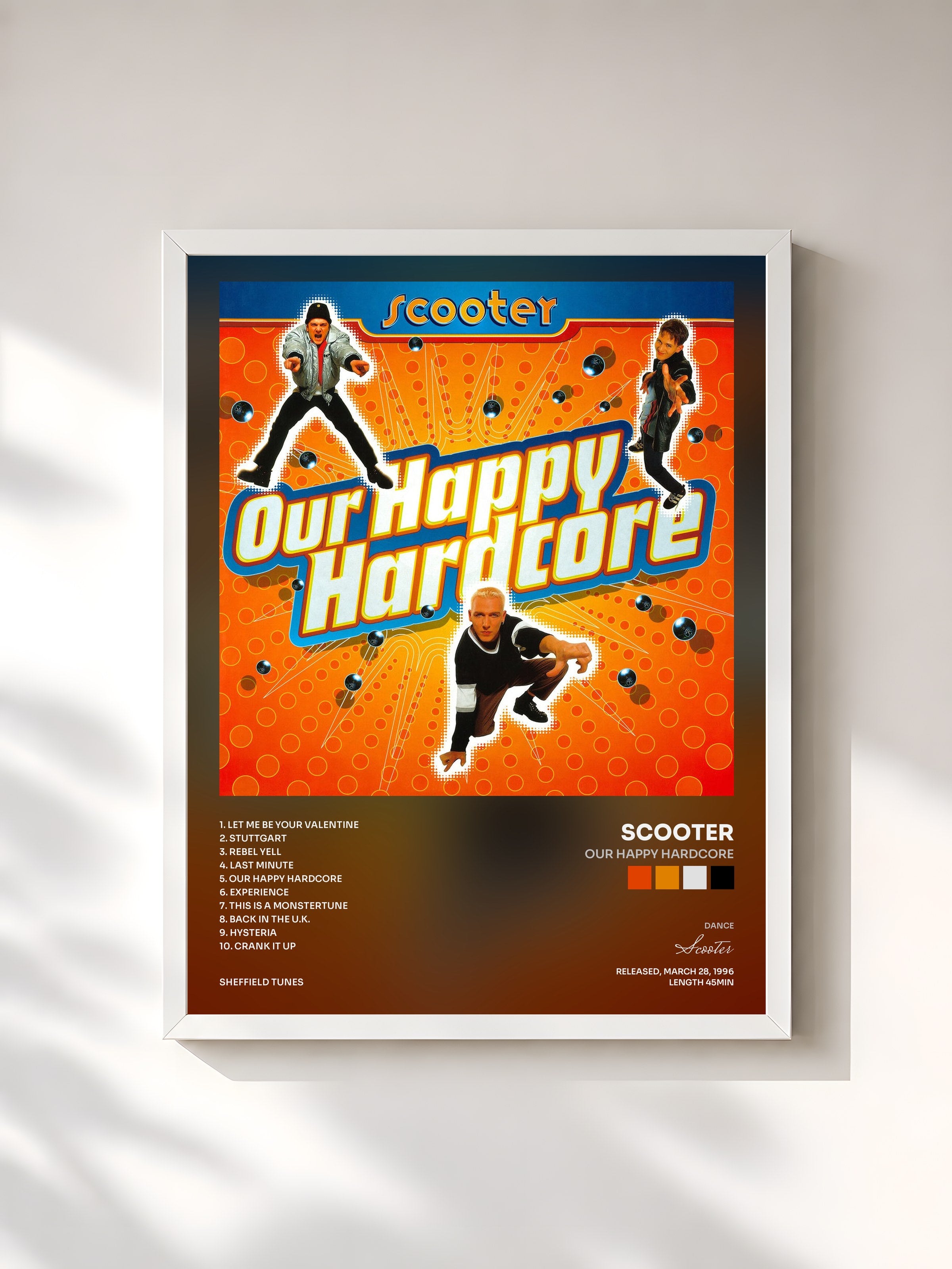 #blanc Tableau de l'album Our Happy Hardcore de Scooter, cadre blanc, imprimé et encadré en France
