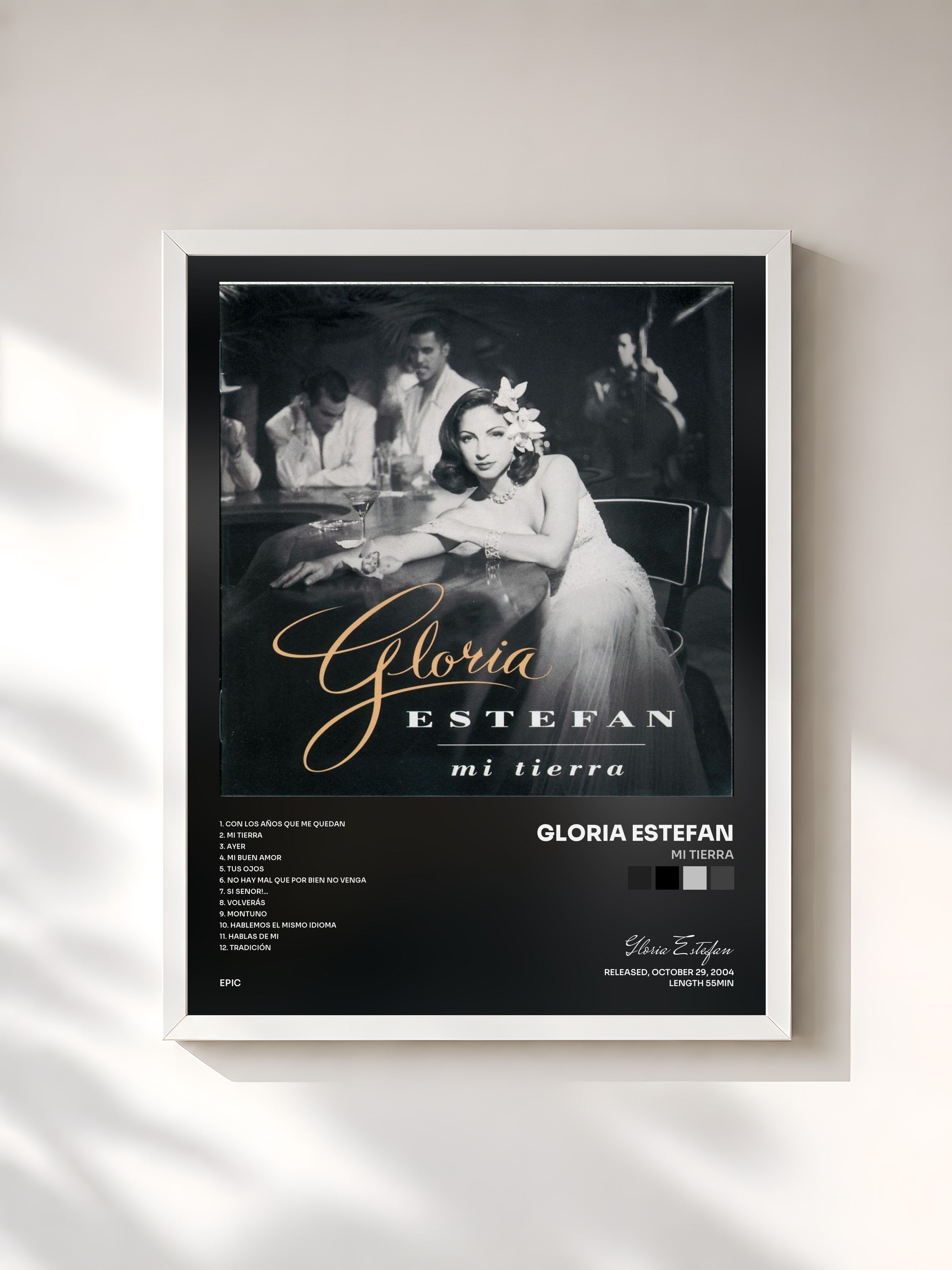 #blanc Tableau de l'album Mi Tierra de Gloria Estefan, cadre blanc, imprimé et encadré en France