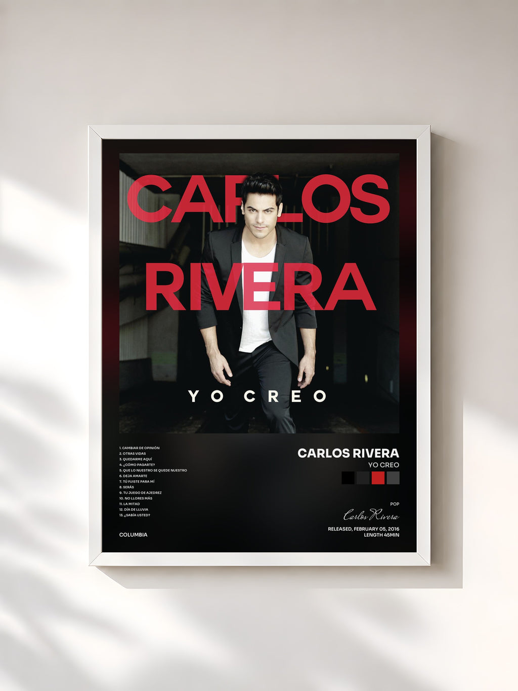 #blanc Tableau de l'album Yo Creo de Carlos Rivera, cadre blanc, imprimé et encadré en France
