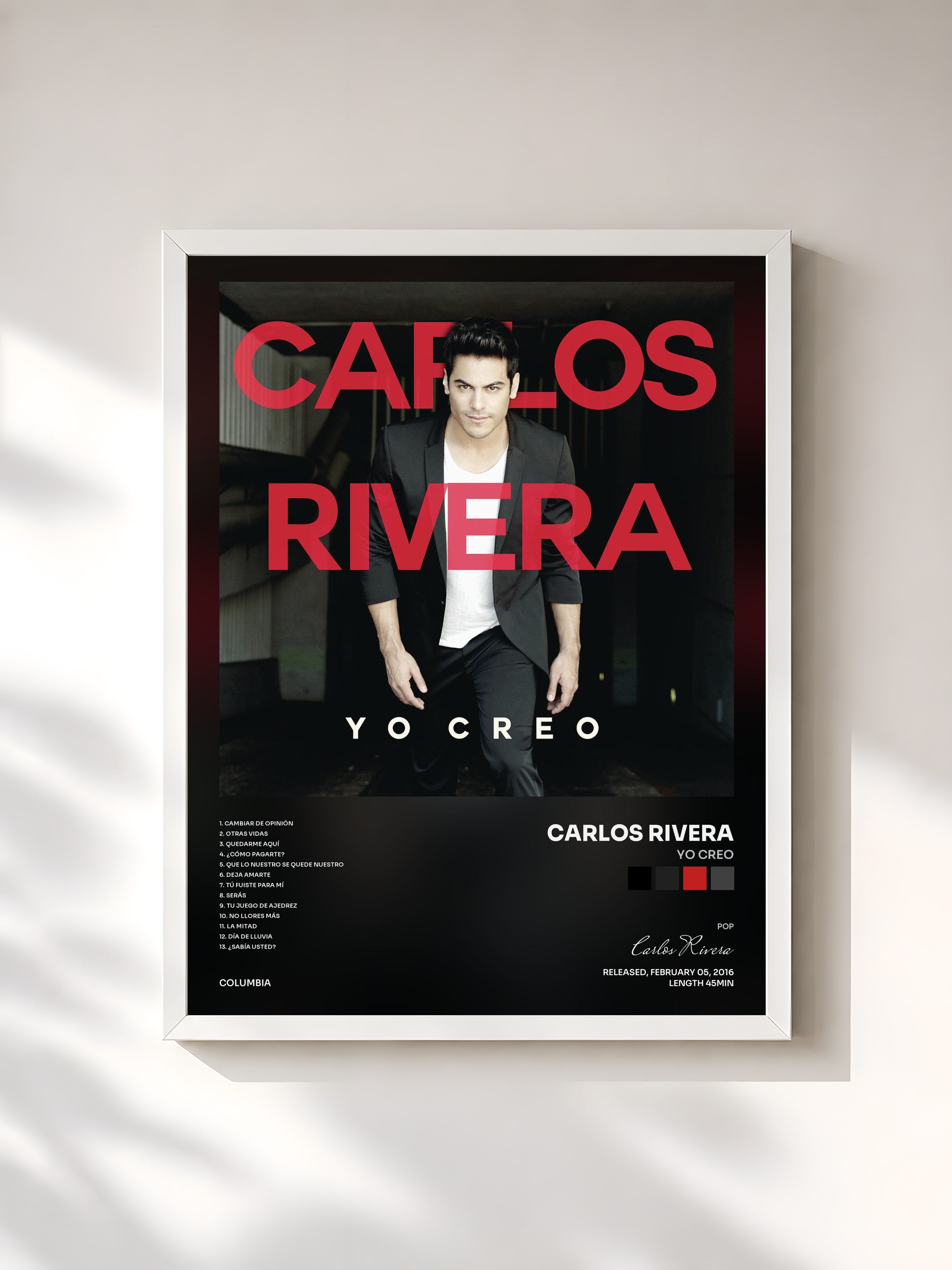 #blanc Tableau de l'album Yo Creo de Carlos Rivera, cadre blanc, imprimé et encadré en France
