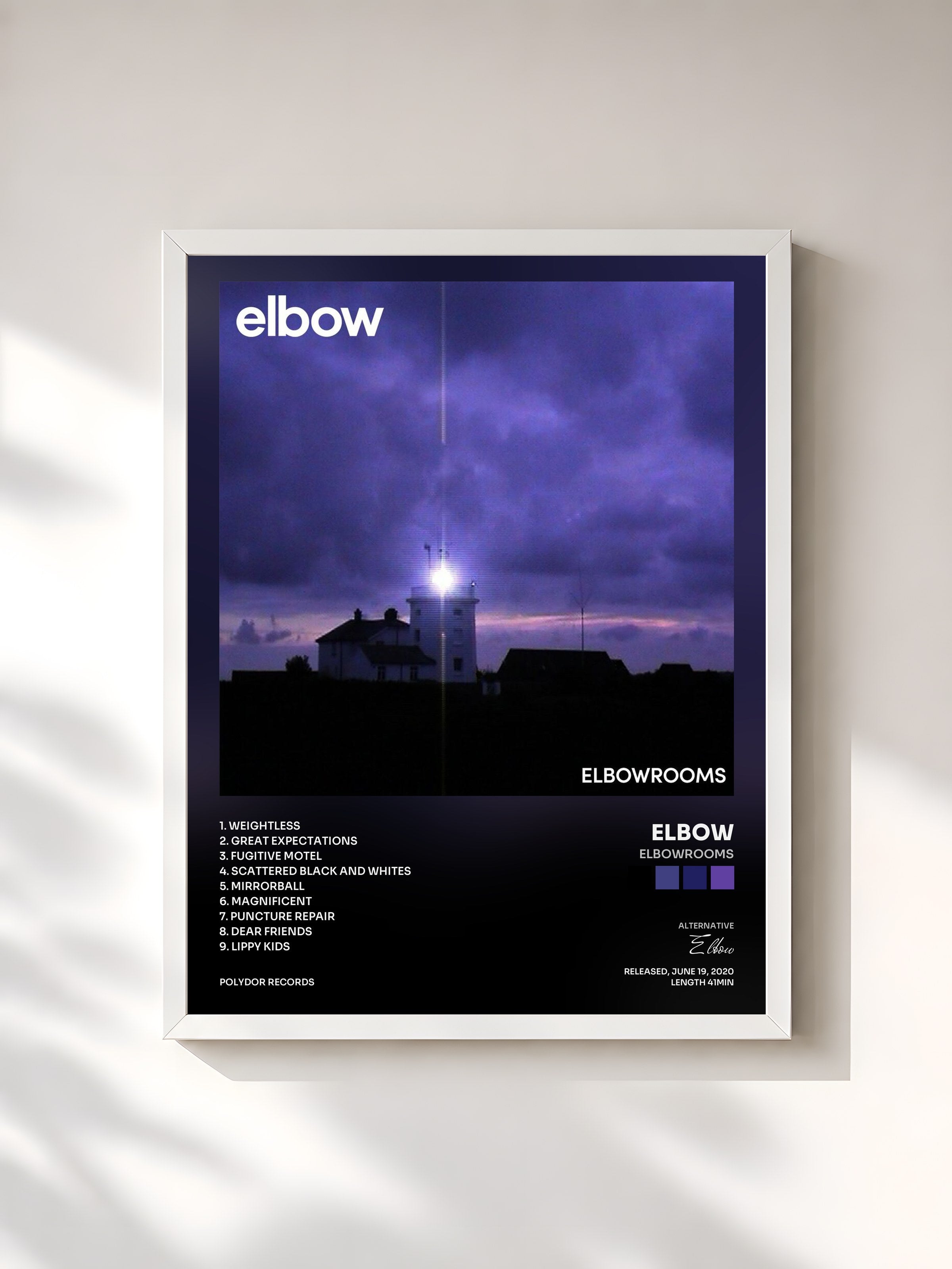 #blanc Tableau de l'album elbowrooms de Elbow, cadre blanc, imprimé et encadré en France
