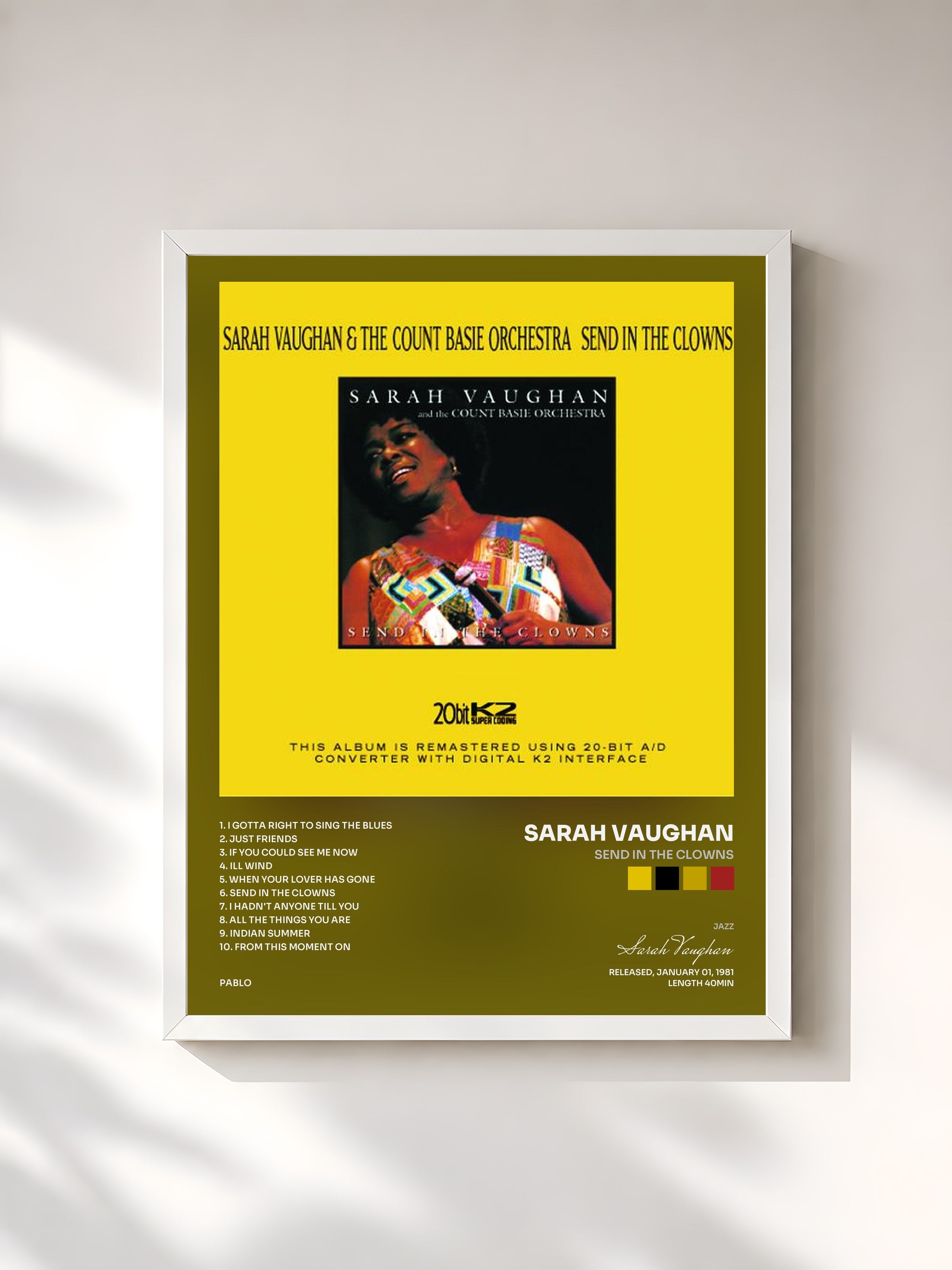 #blanc Tableau de l'album Send In The Clowns de Sarah Vaughan, cadre blanc, imprimé et encadré en France
