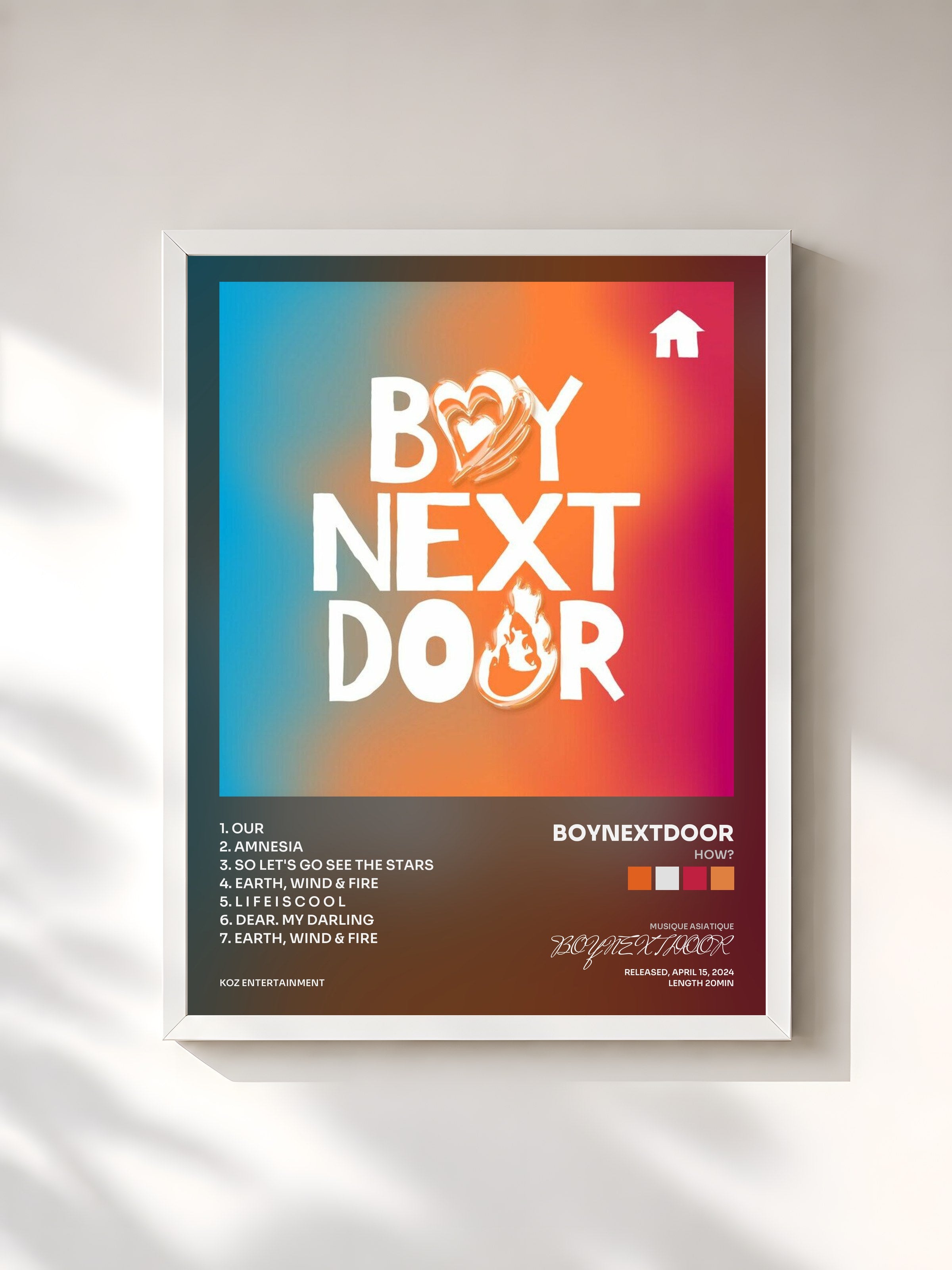 #blanc Tableau de l'album HOW? de BOYNEXTDOOR, cadre blanc, imprimé et encadré en France