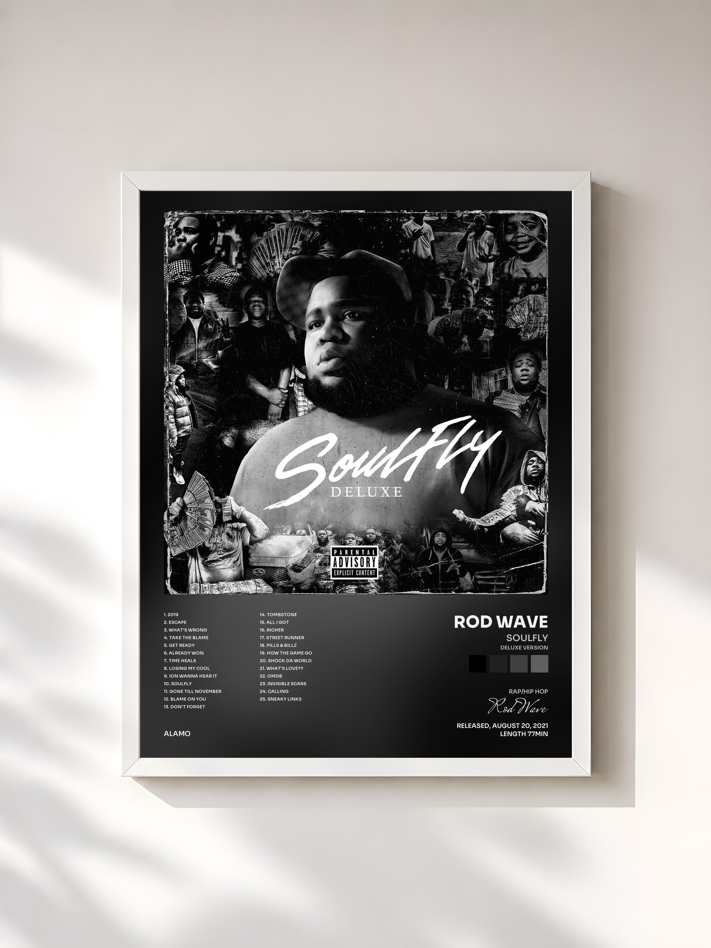 #blanc Tableau de l'album SoulFly (Deluxe Version) de Rod Wave, cadre blanc, imprimé et encadré en France