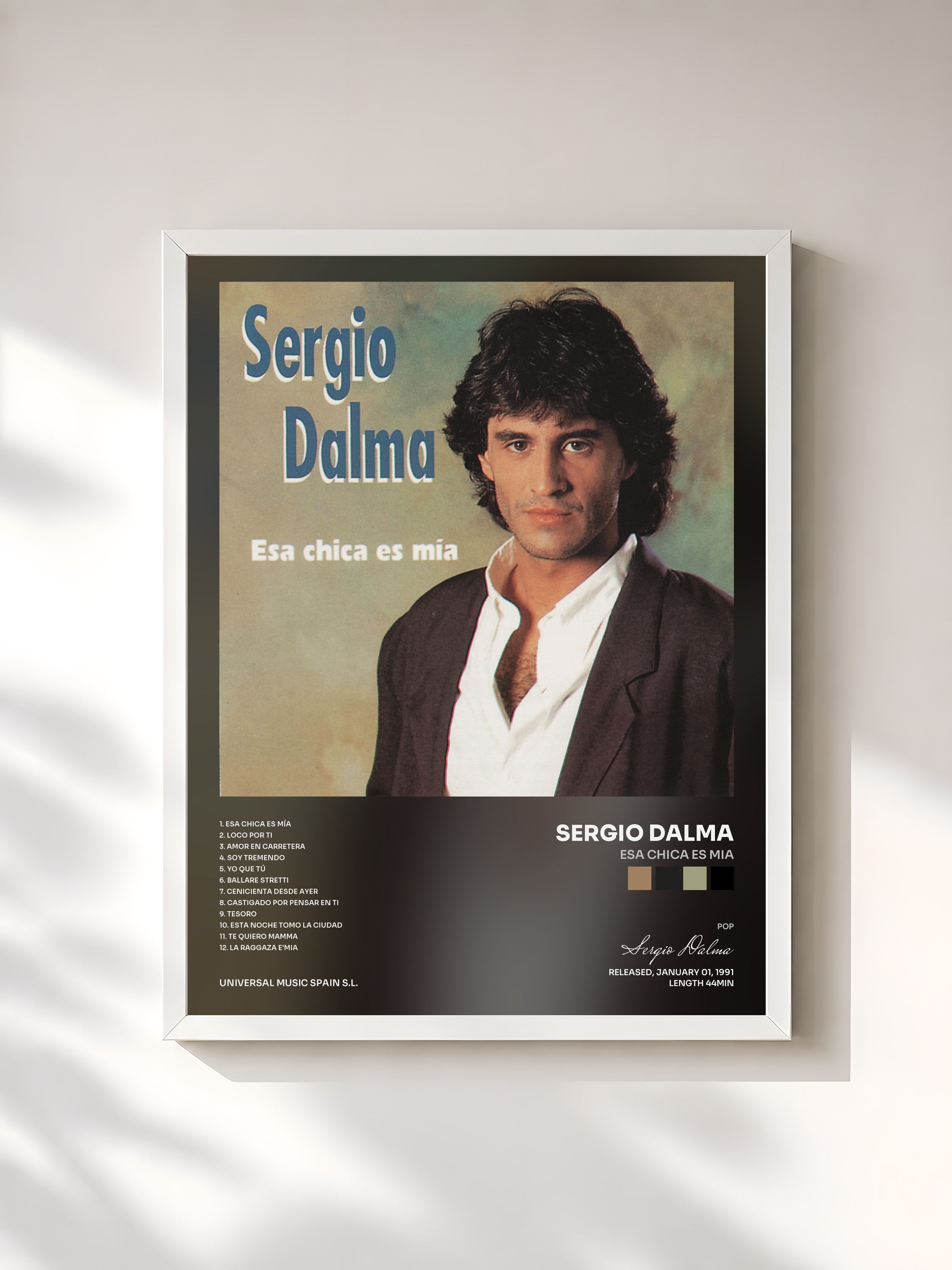 #blanc Tableau de l'album Esa Chica Es Mia de Sergio Dalma, cadre blanc, imprimé et encadré en France