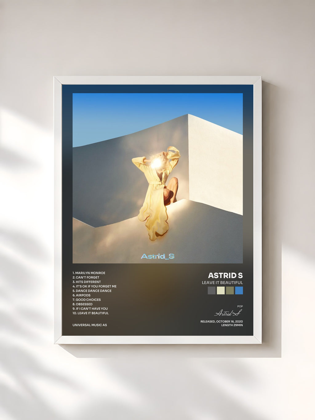 #blanc Tableau de l'album Leave It Beautiful de Astrid S, cadre blanc, imprimé et encadré en France