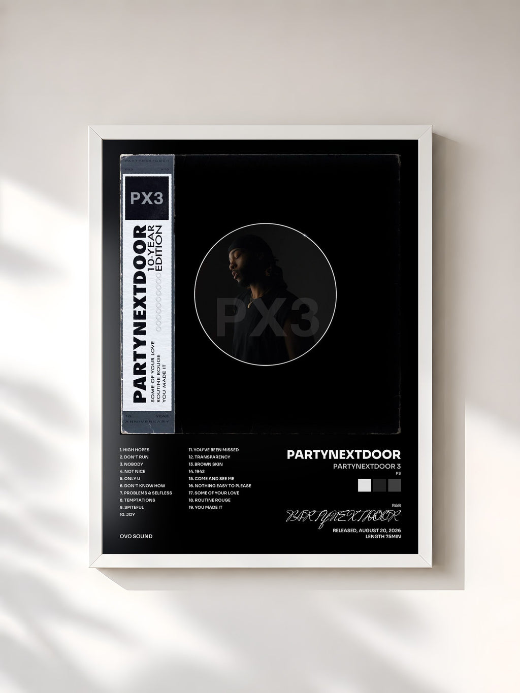 #blanc Tableau de l'album PARTYNEXTDOOR 3 (P3) [10-YEAR EDITION] de PARTYNEXTDOOR, cadre blanc, imprimé et encadré en France