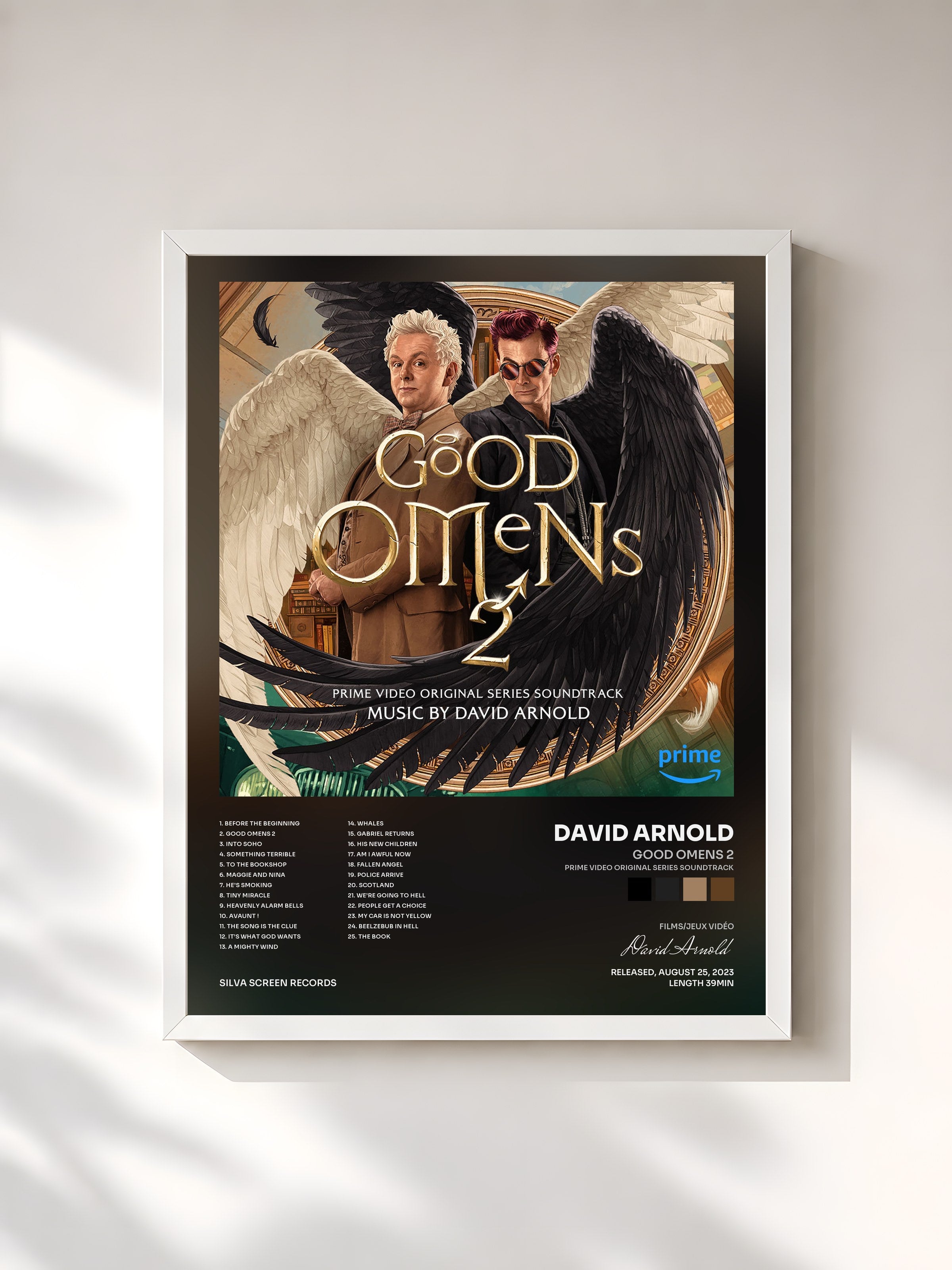 #blanc Tableau de l'album Good Omens 2 (Prime Video Original Series Soundtrack) de David Arnold, cadre blanc, imprimé et encadré en France