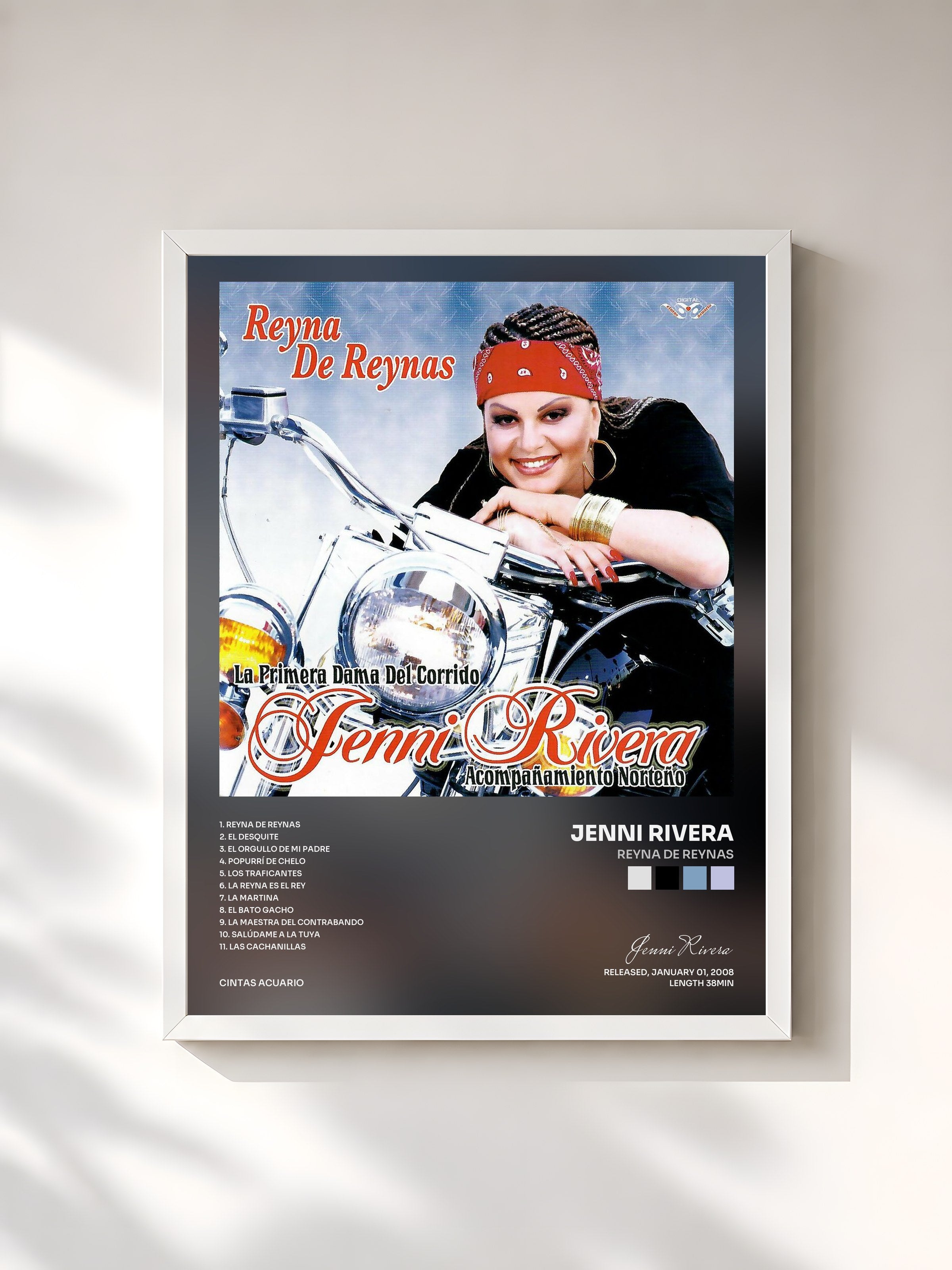 #blanc Tableau de l'album Reyna de Reynas de Jenni Rivera, cadre blanc, imprimé et encadré en France