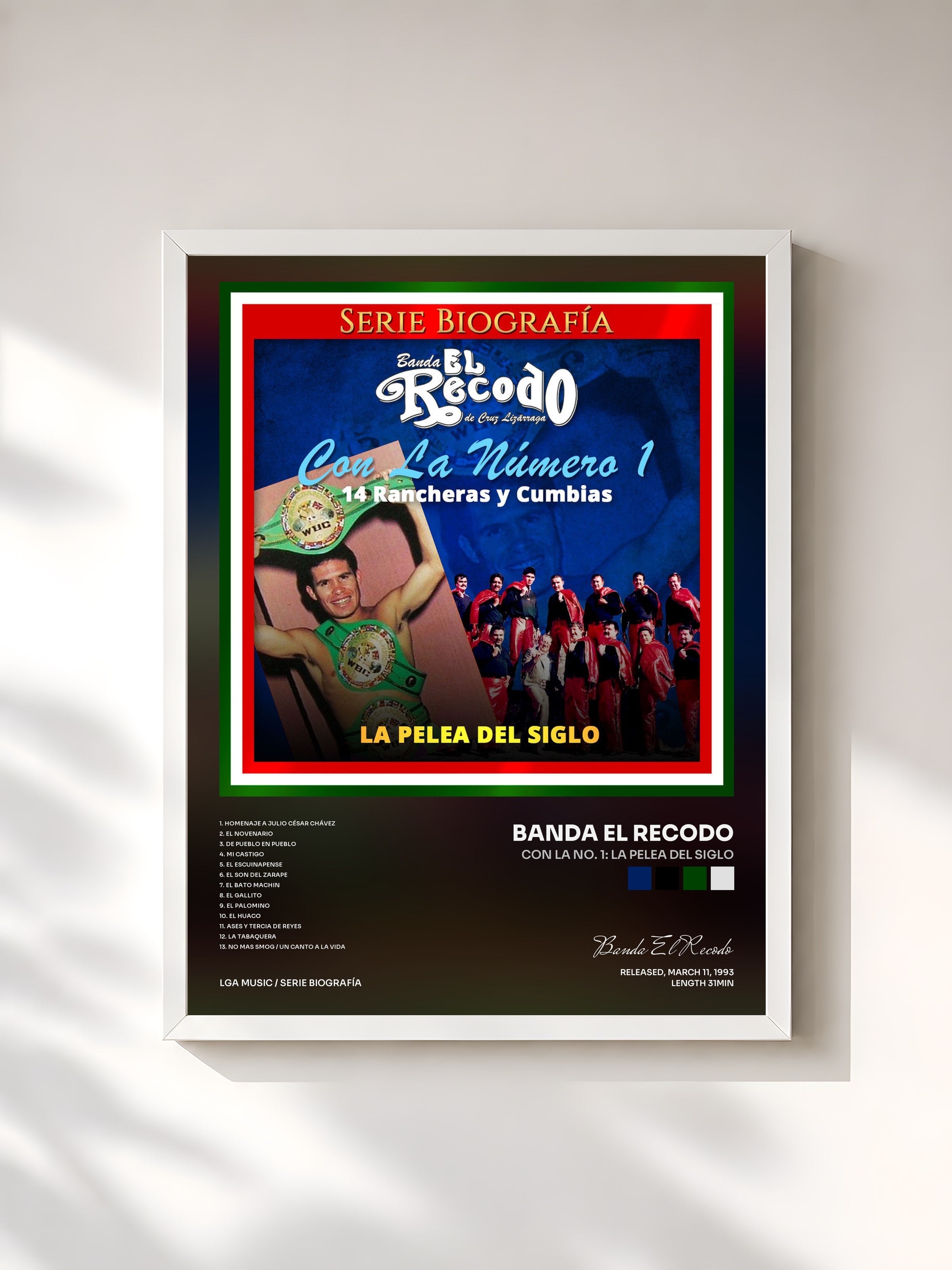 #blanc Tableau de l'album Con la No. 1: La Pelea del Siglo de Banda El Recodo, cadre blanc, imprimé et encadré en France