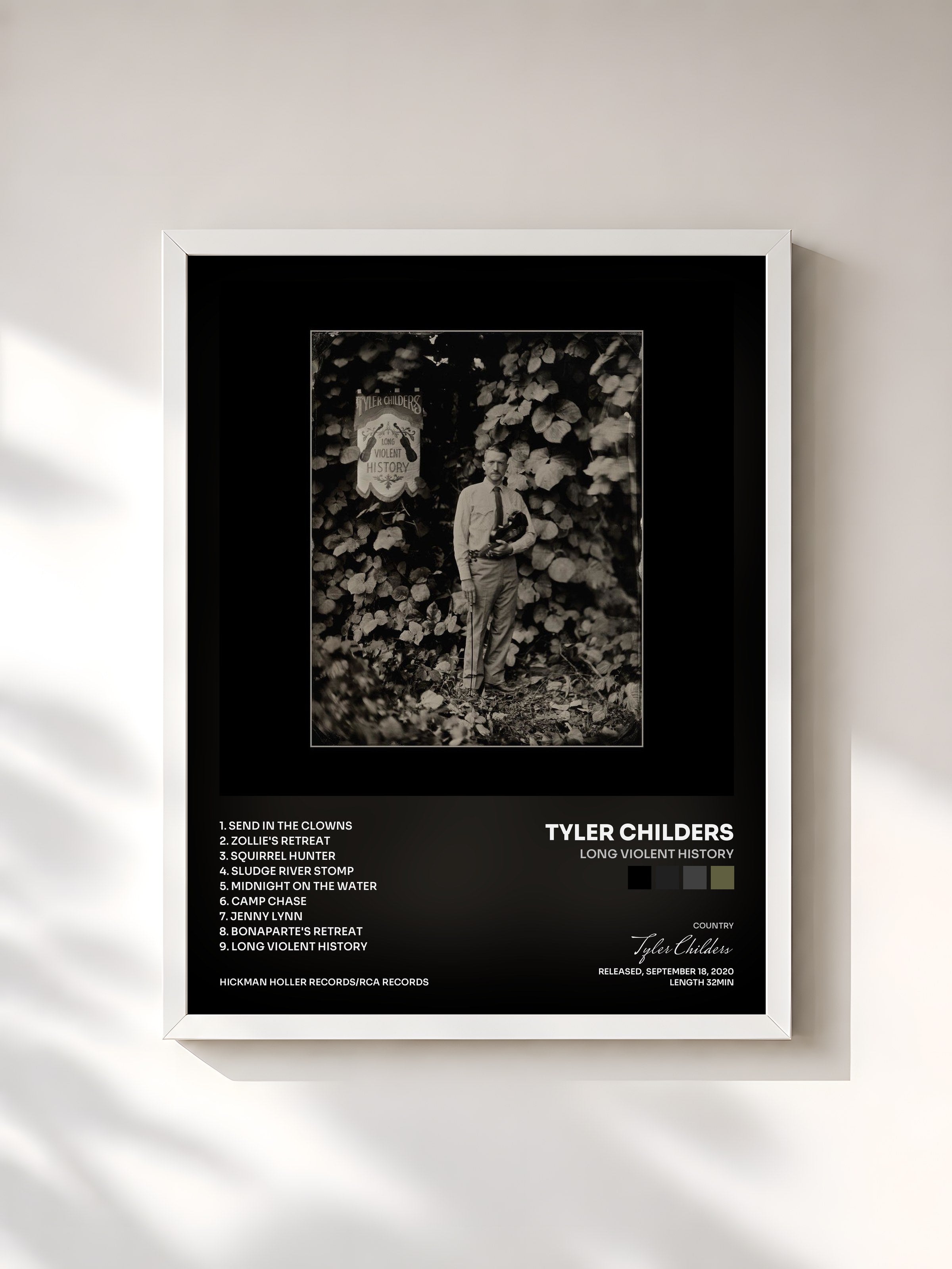 #blanc Tableau de l'album Long Violent History de Tyler Childers, cadre blanc, imprimé et encadré en France