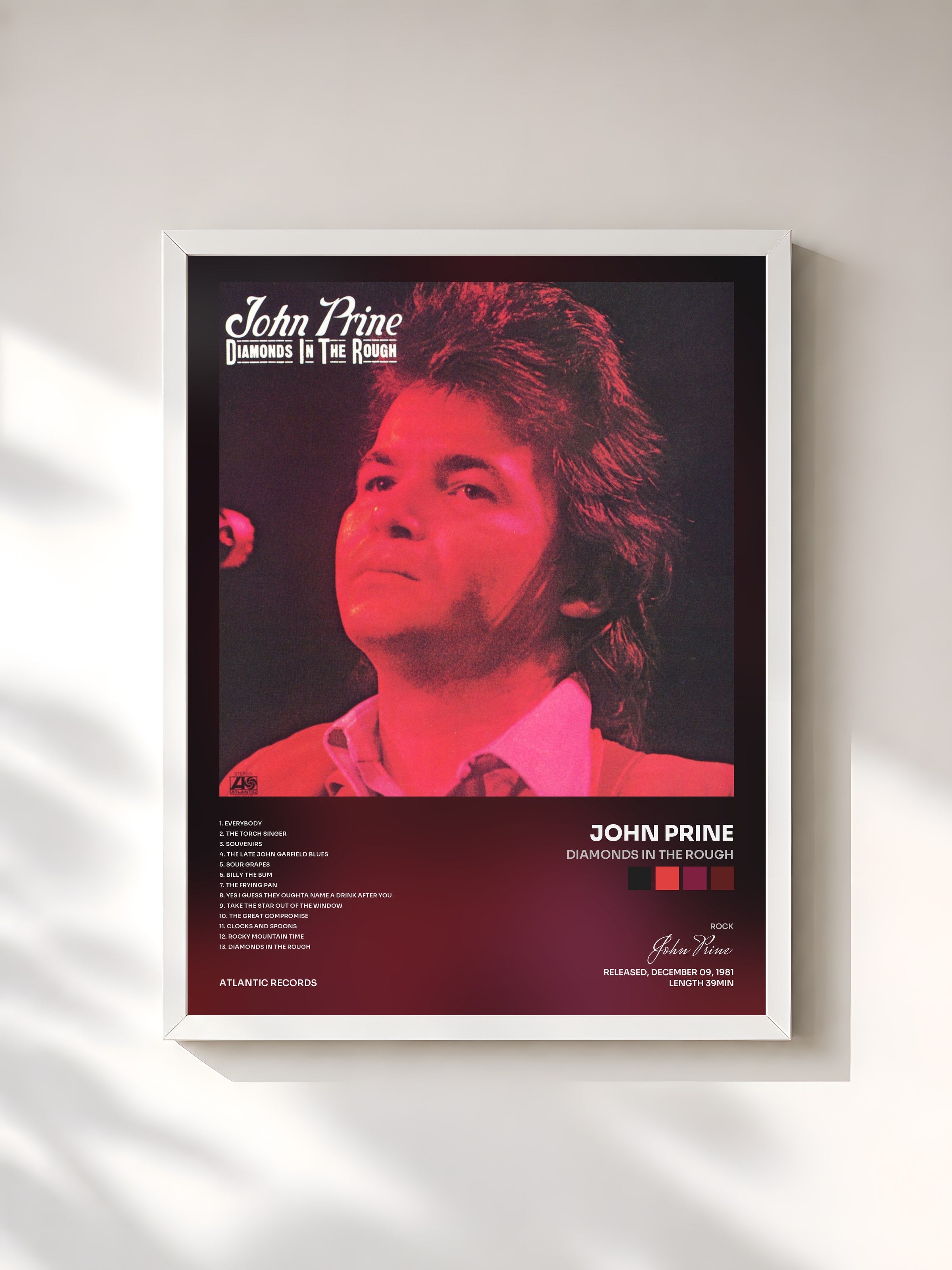 #blanc Tableau de l'album Diamonds in the Rough de John Prine, cadre blanc, imprimé et encadré en France