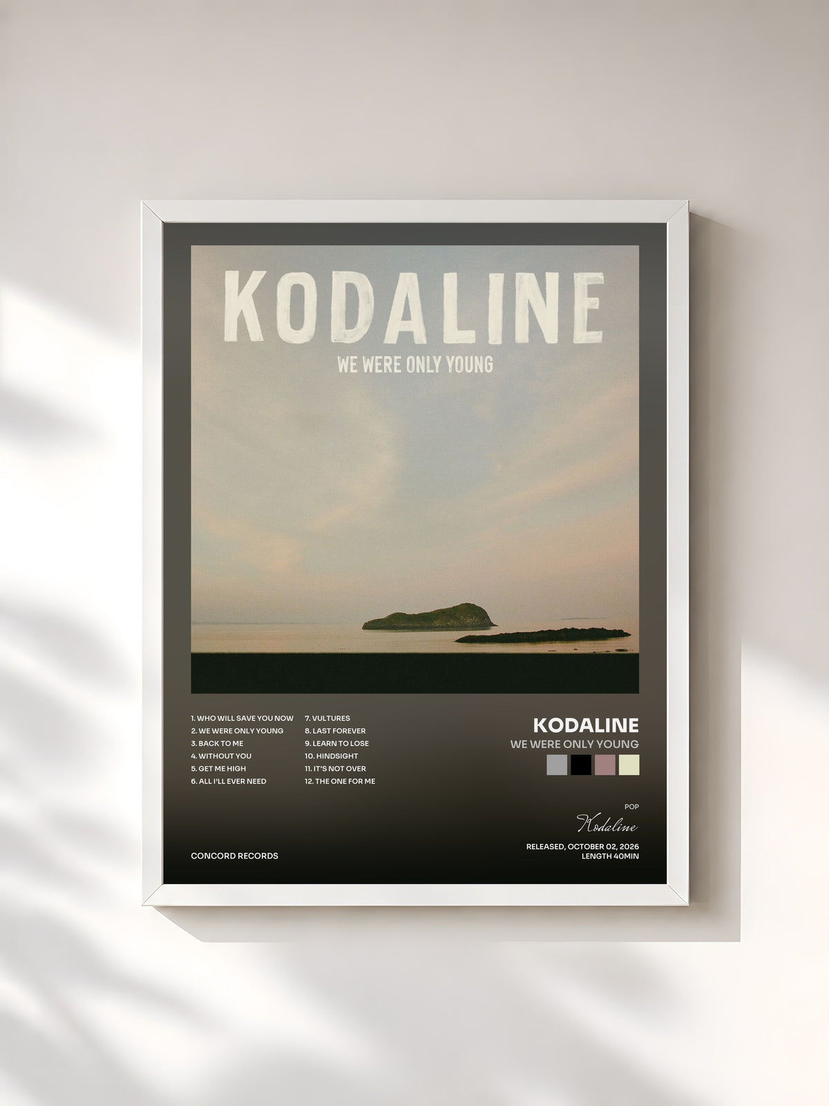 #blanc Tableau de l'album We Were Only Young de Kodaline, cadre blanc, imprimé et encadré en France