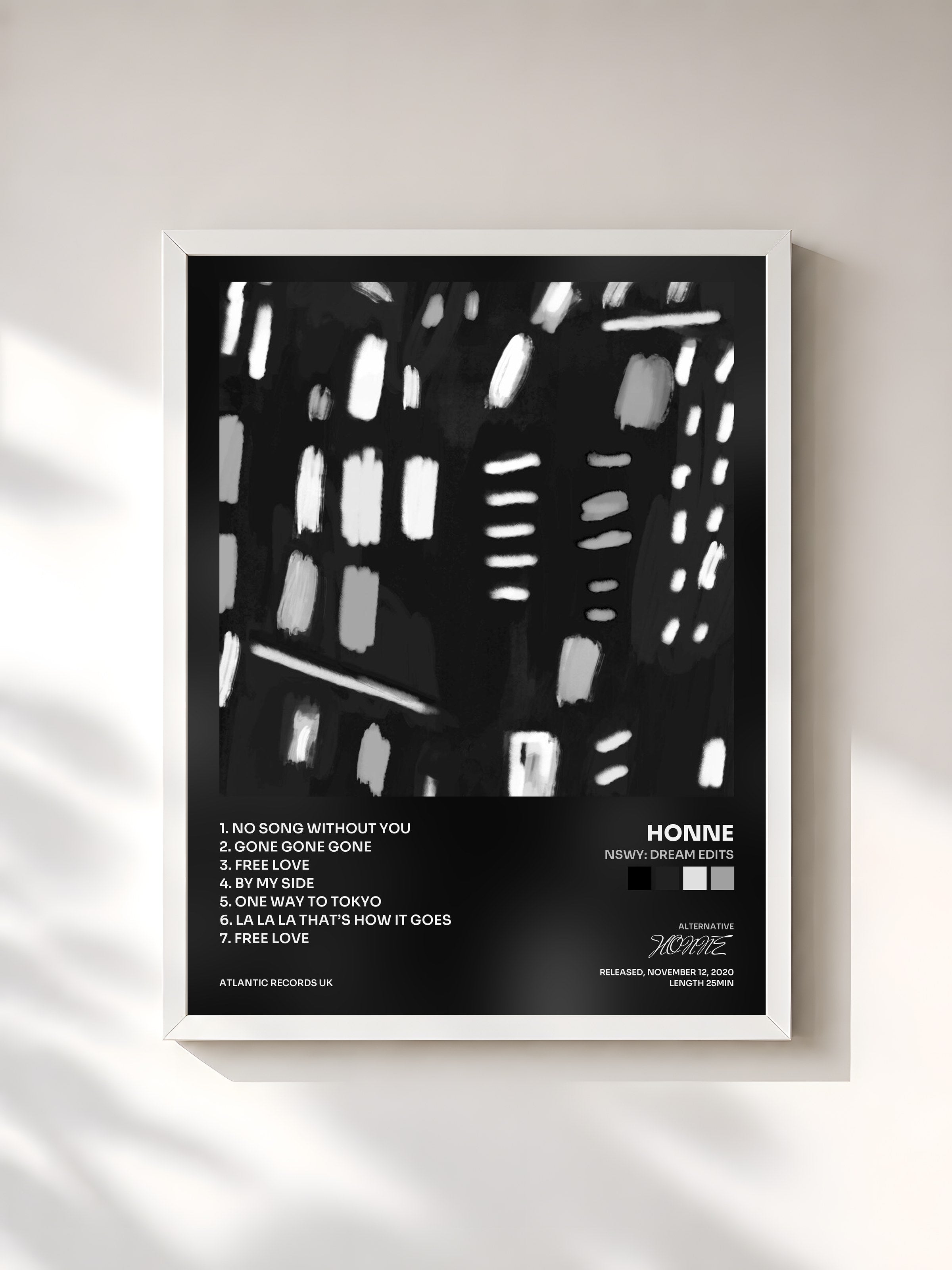 #blanc Tableau de l'album nswy: dream edits de HONNE, cadre blanc, imprimé et encadré en France