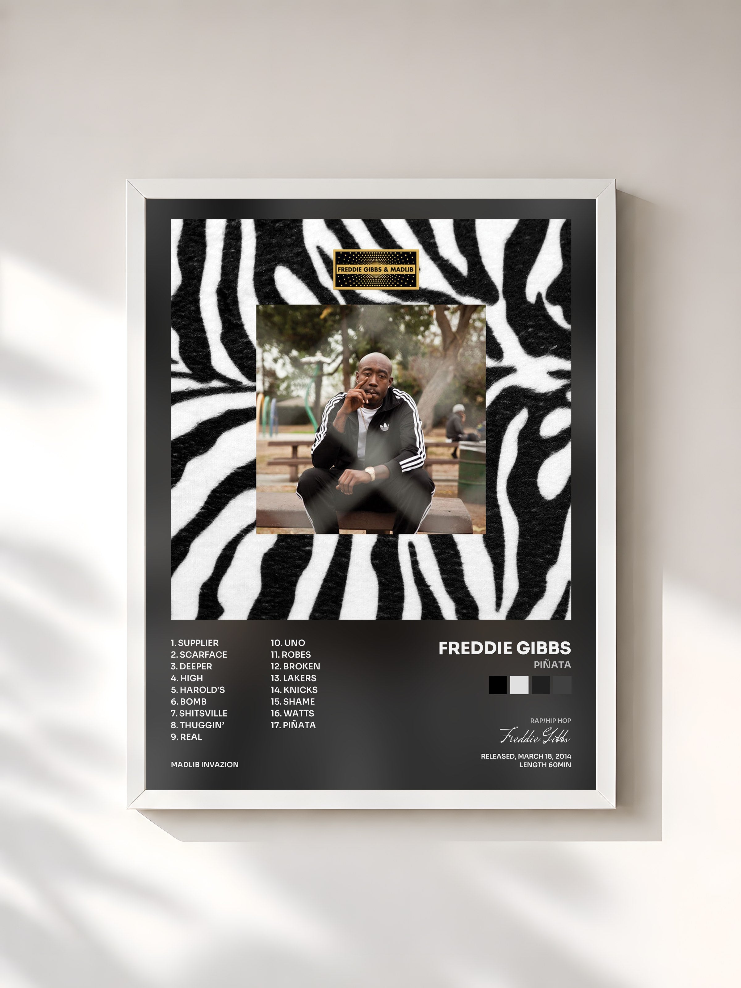 #blanc Tableau de l'album Piñata de Freddie Gibbs, cadre blanc, imprimé et encadré en France