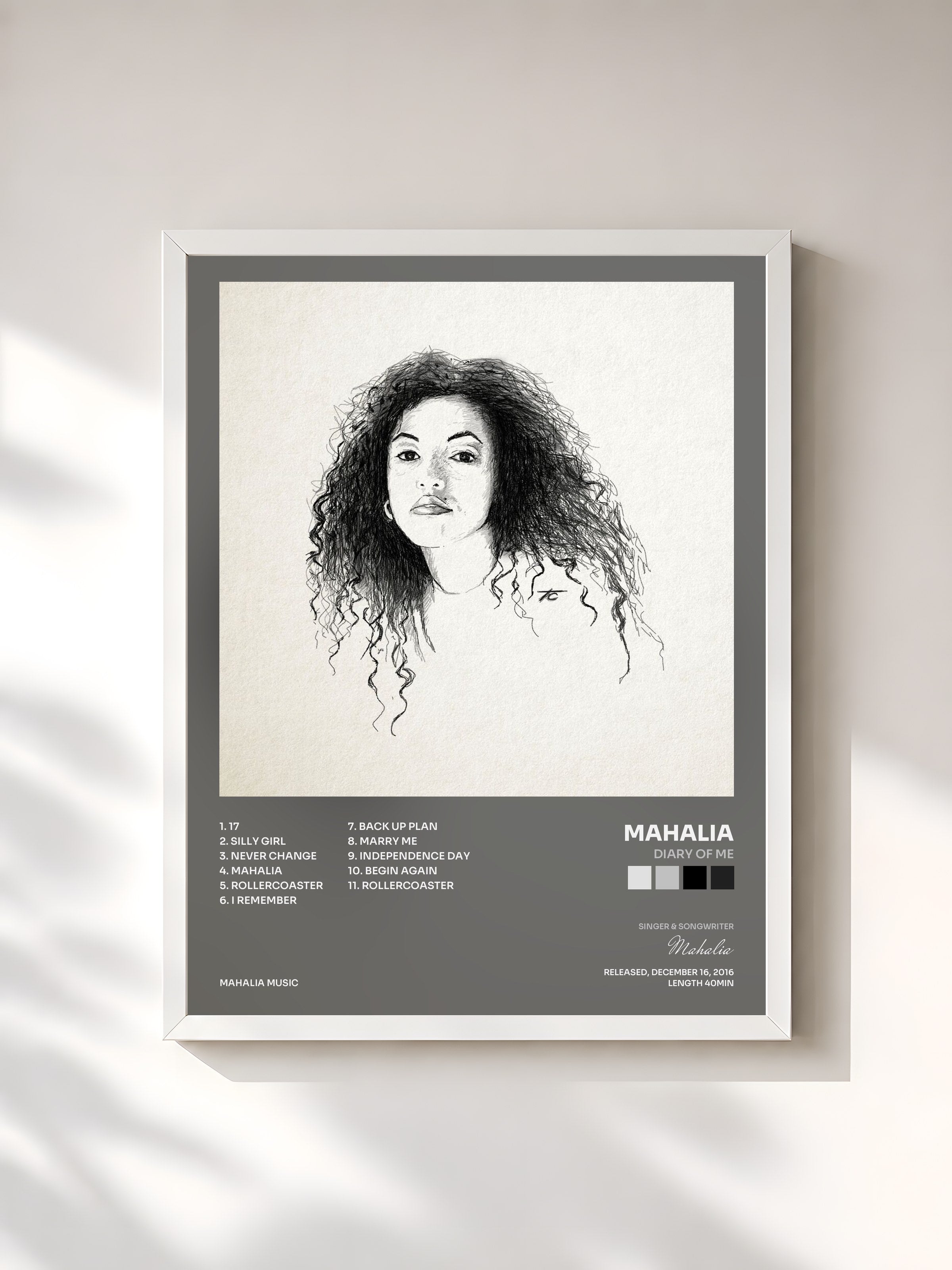 #blanc Tableau de l'album Diary of Me de Mahalia, cadre blanc, imprimé et encadré en France