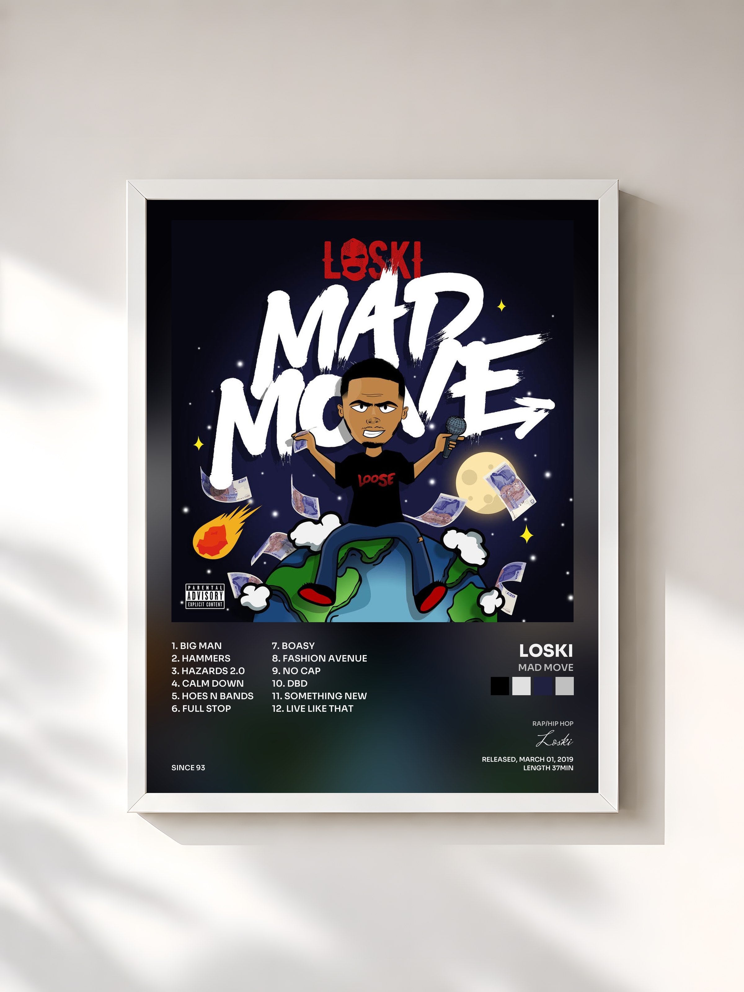 #blanc Tableau de l'album Mad Move de Loski, cadre blanc, imprimé et encadré en France