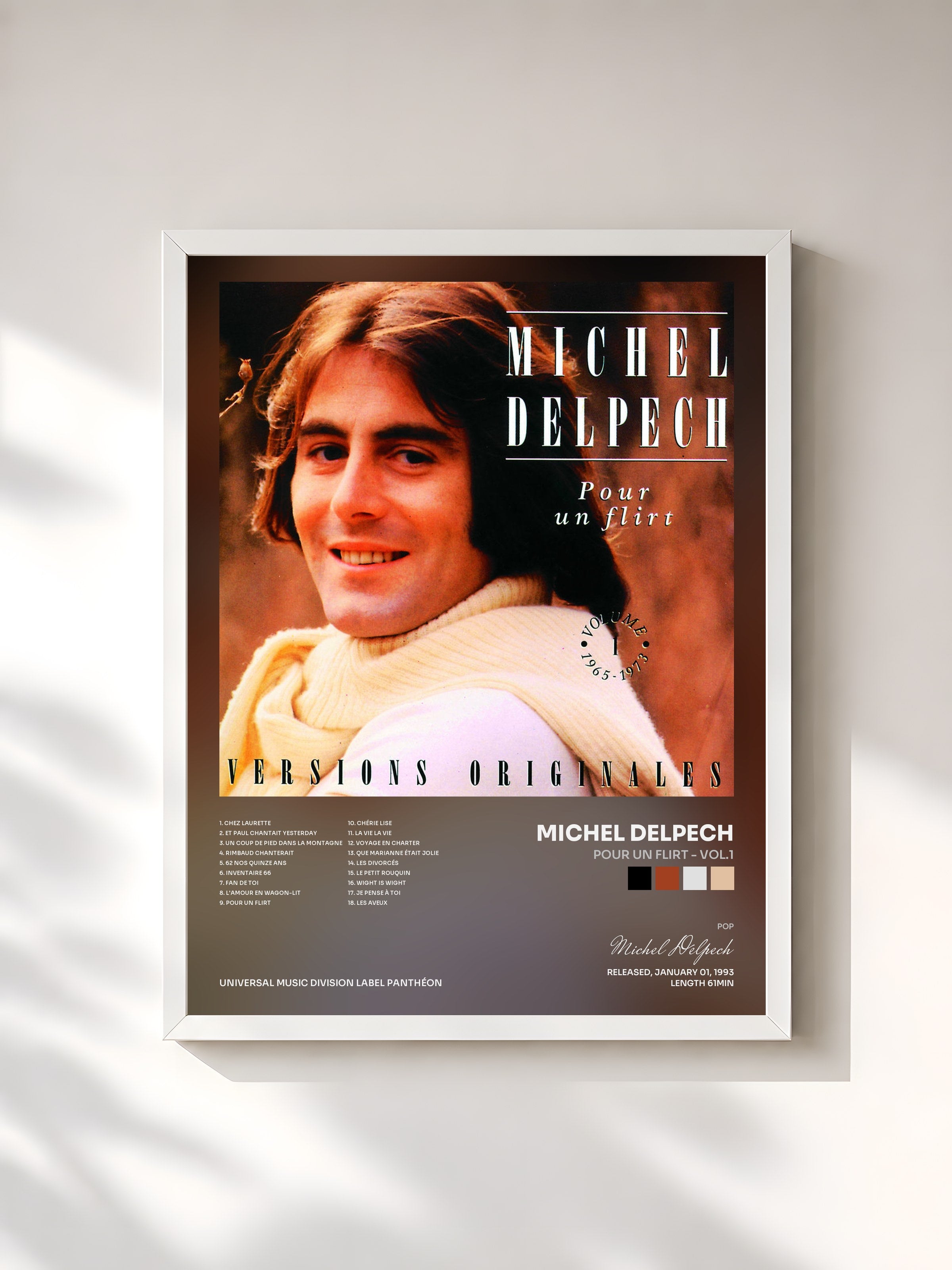 #blanc Tableau de l'album Pour Un Flirt - Vol.1 de Michel Delpech, cadre blanc, imprimé et encadré en France