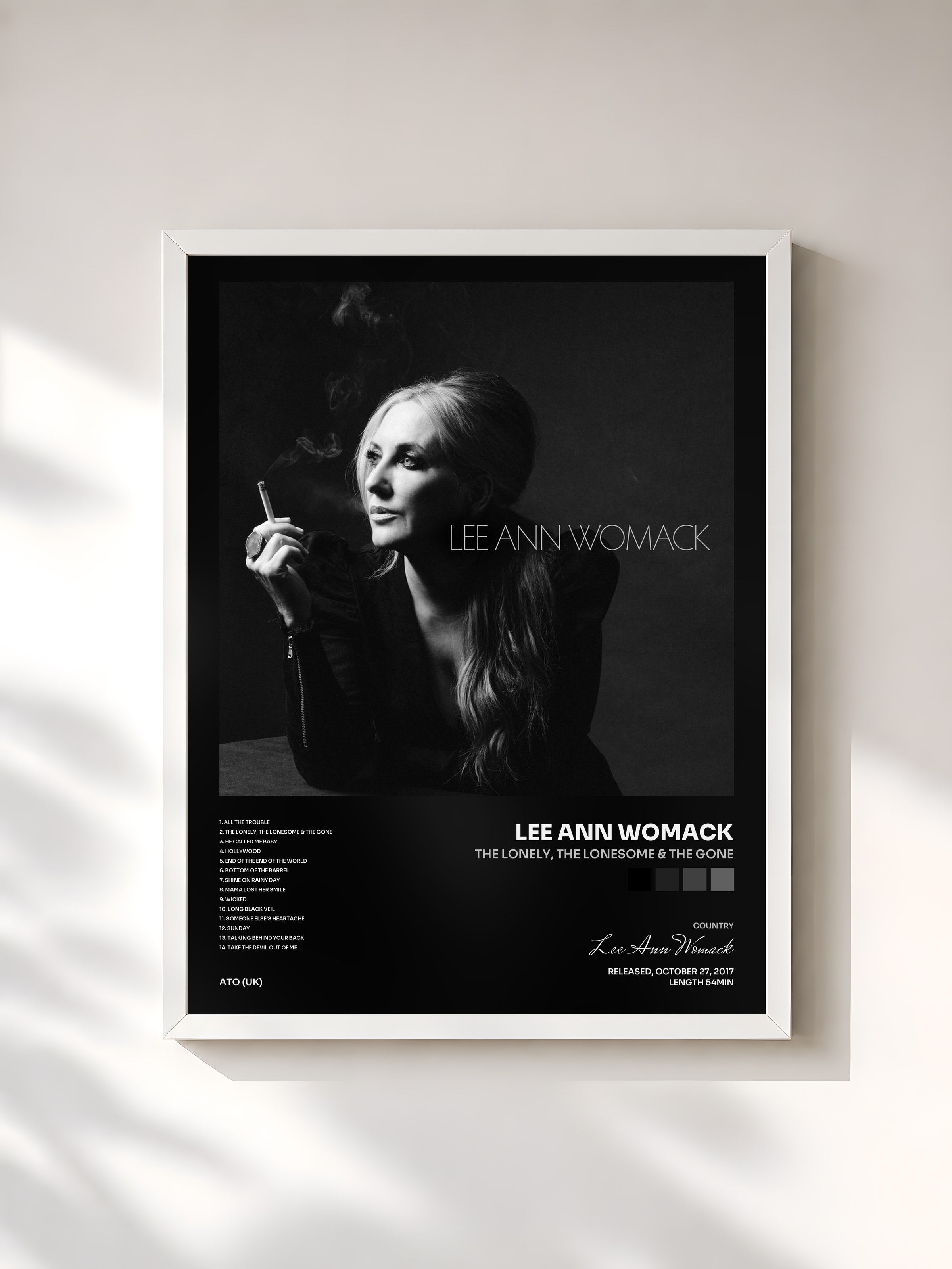 #blanc Tableau de l'album The Lonely, the Lonesome & the Gone de Lee Ann Womack, cadre blanc, imprimé et encadré en France