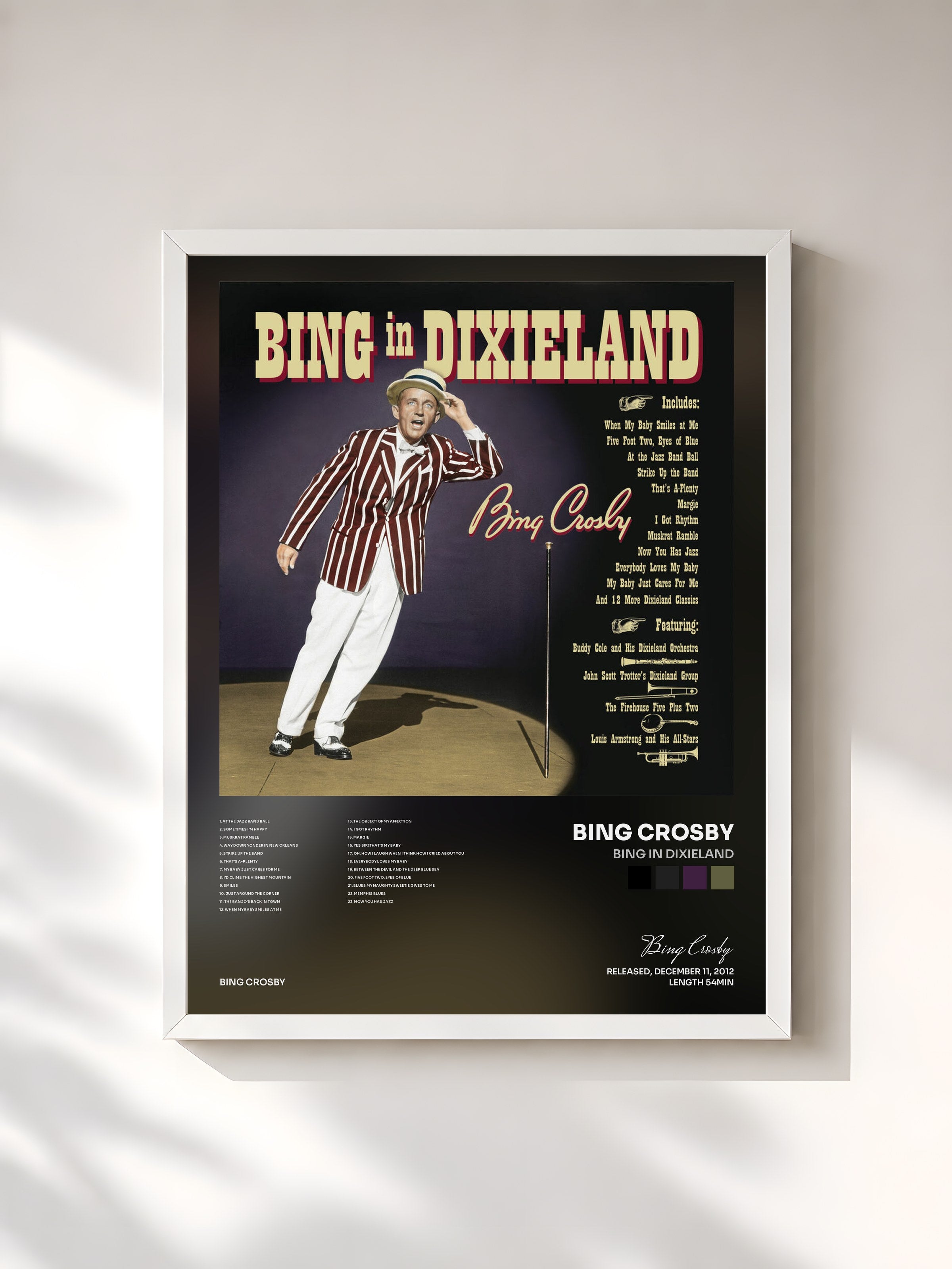 #blanc Tableau de l'album Bing In Dixieland de Bing Crosby, cadre blanc, imprimé et encadré en France