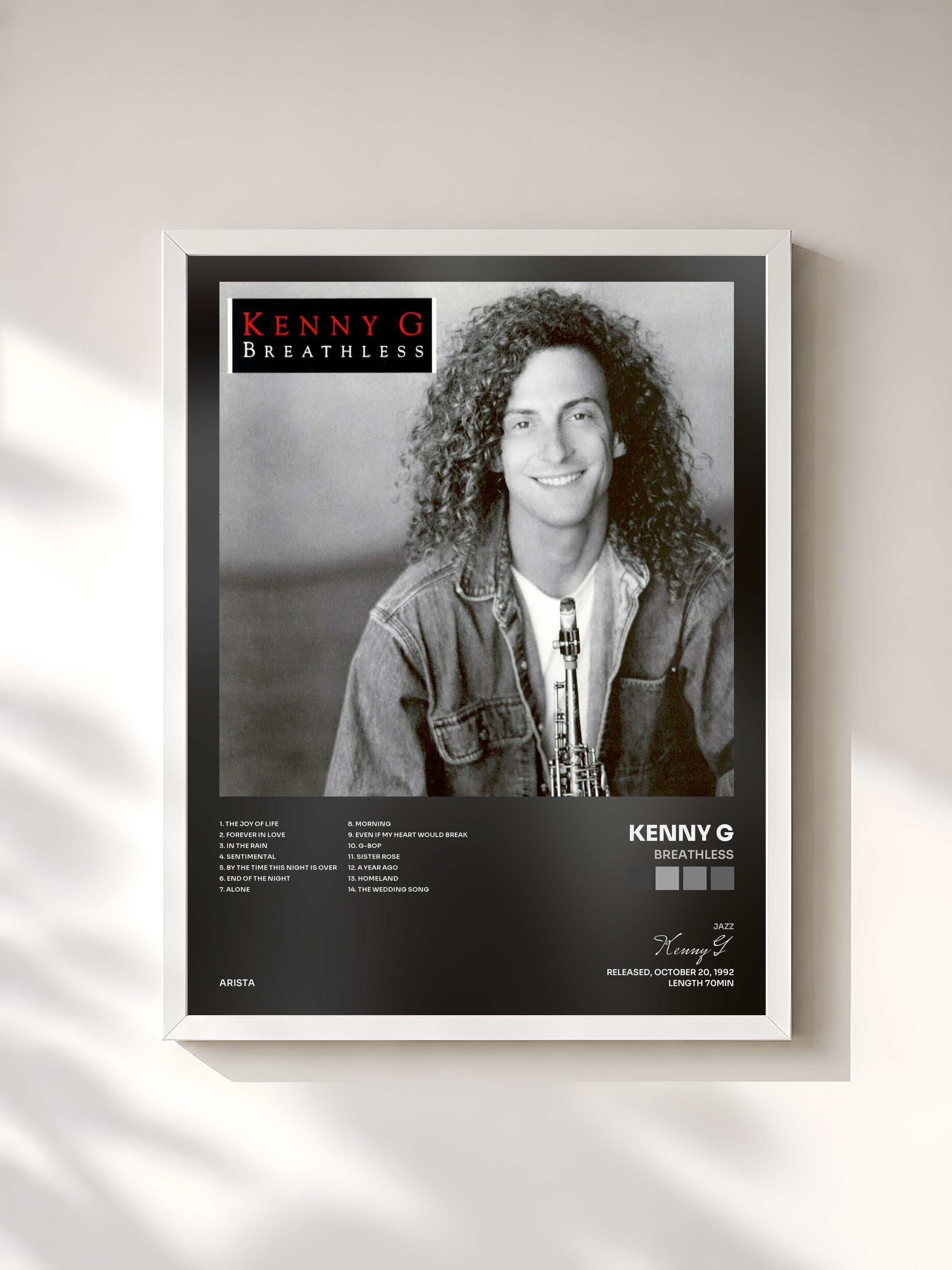 #blanc Tableau de l'album Breathless de Kenny G, cadre blanc, imprimé et encadré en France