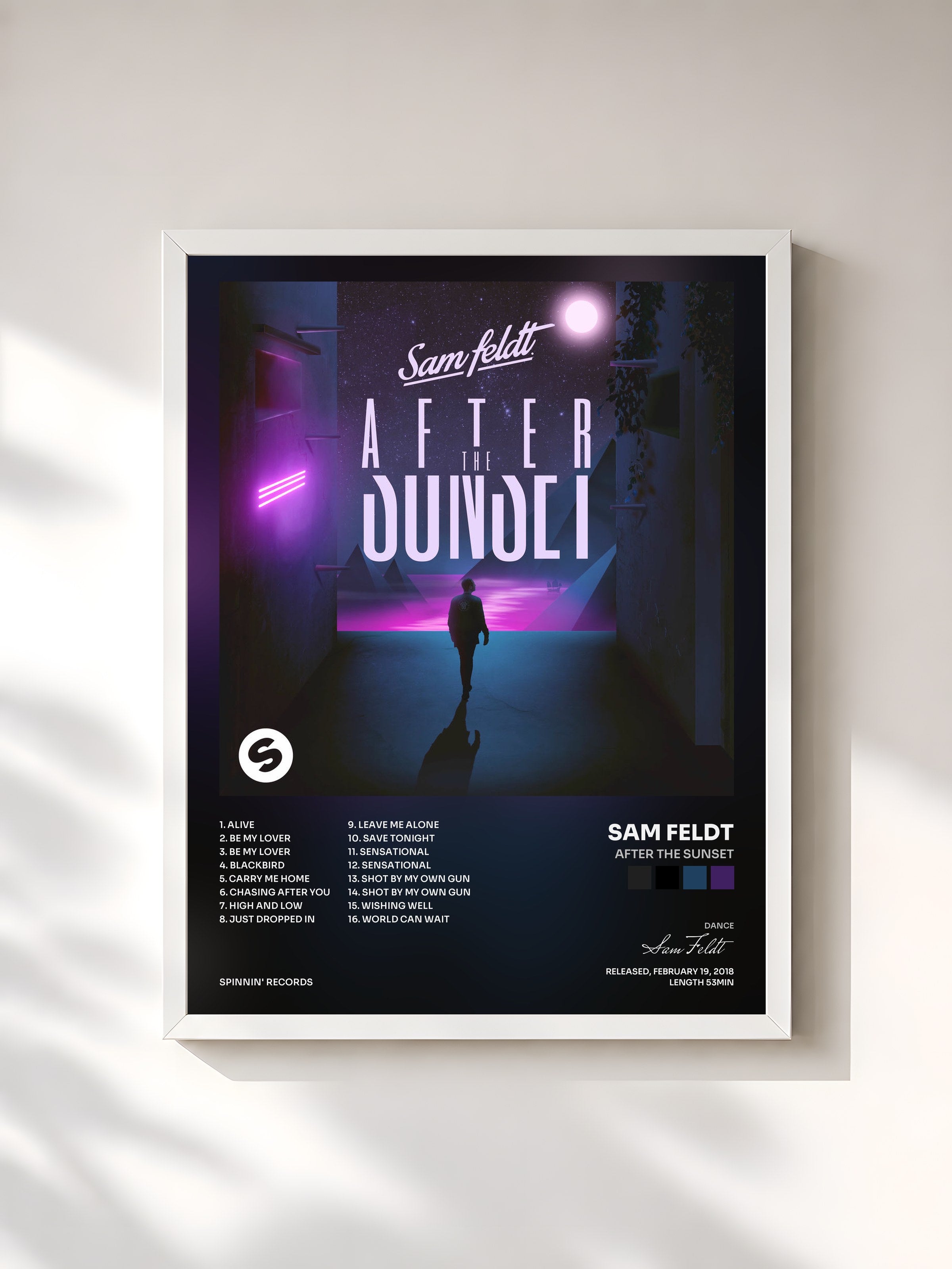 #blanc Tableau de l'album After The Sunset de Sam Feldt, cadre blanc, imprimé et encadré en France