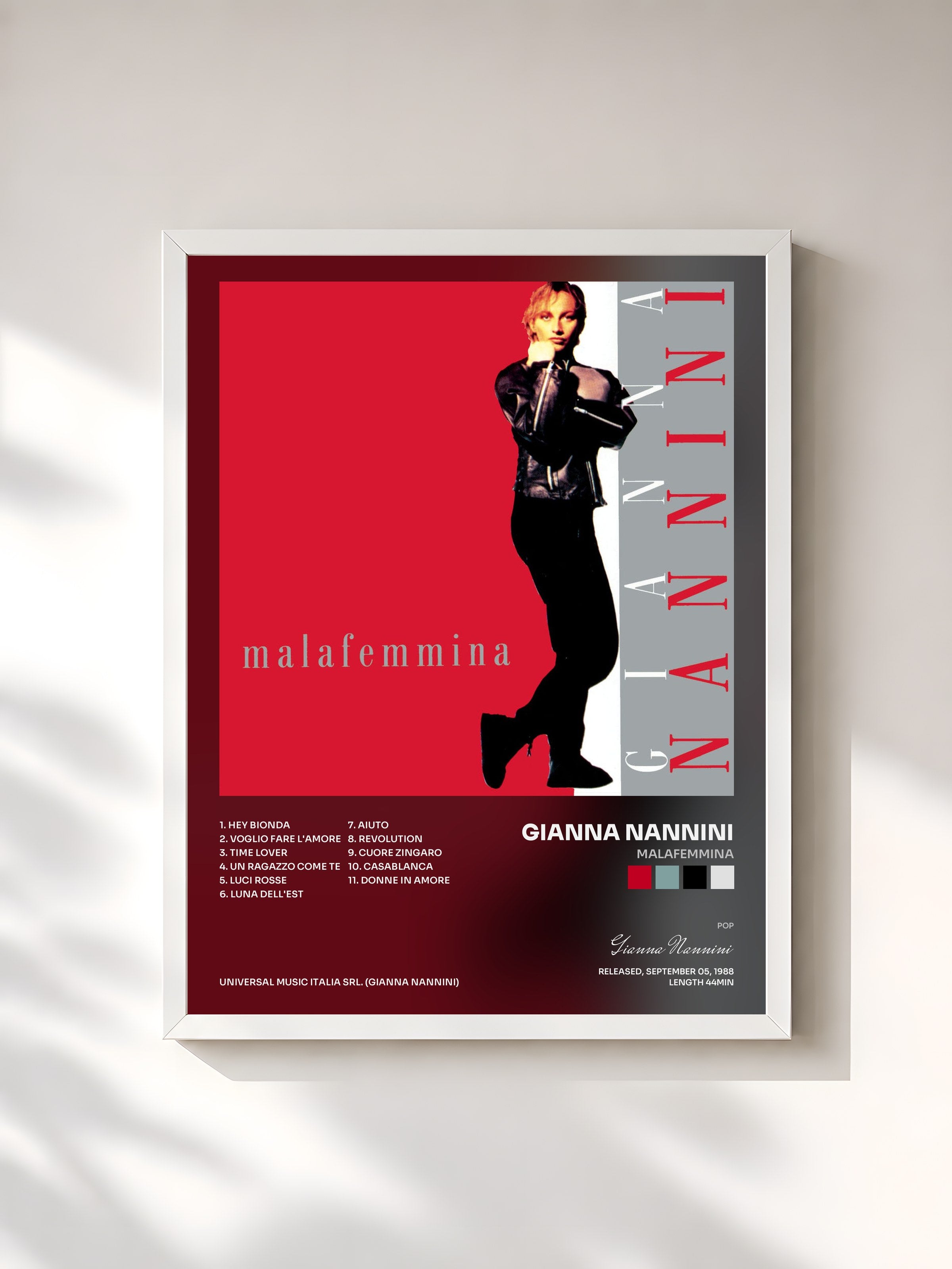 #blanc Tableau de l'album Malafemmina de Gianna Nannini, cadre blanc, imprimé et encadré en France