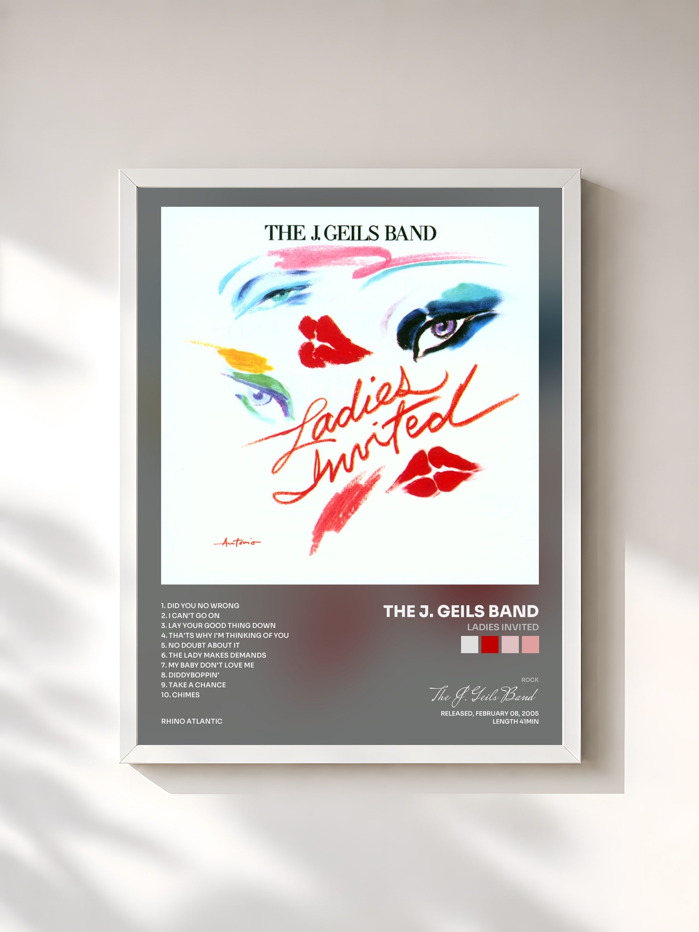 #blanc Tableau de l'album Ladies Invited de The J. Geils Band, cadre blanc, imprimé et encadré en France