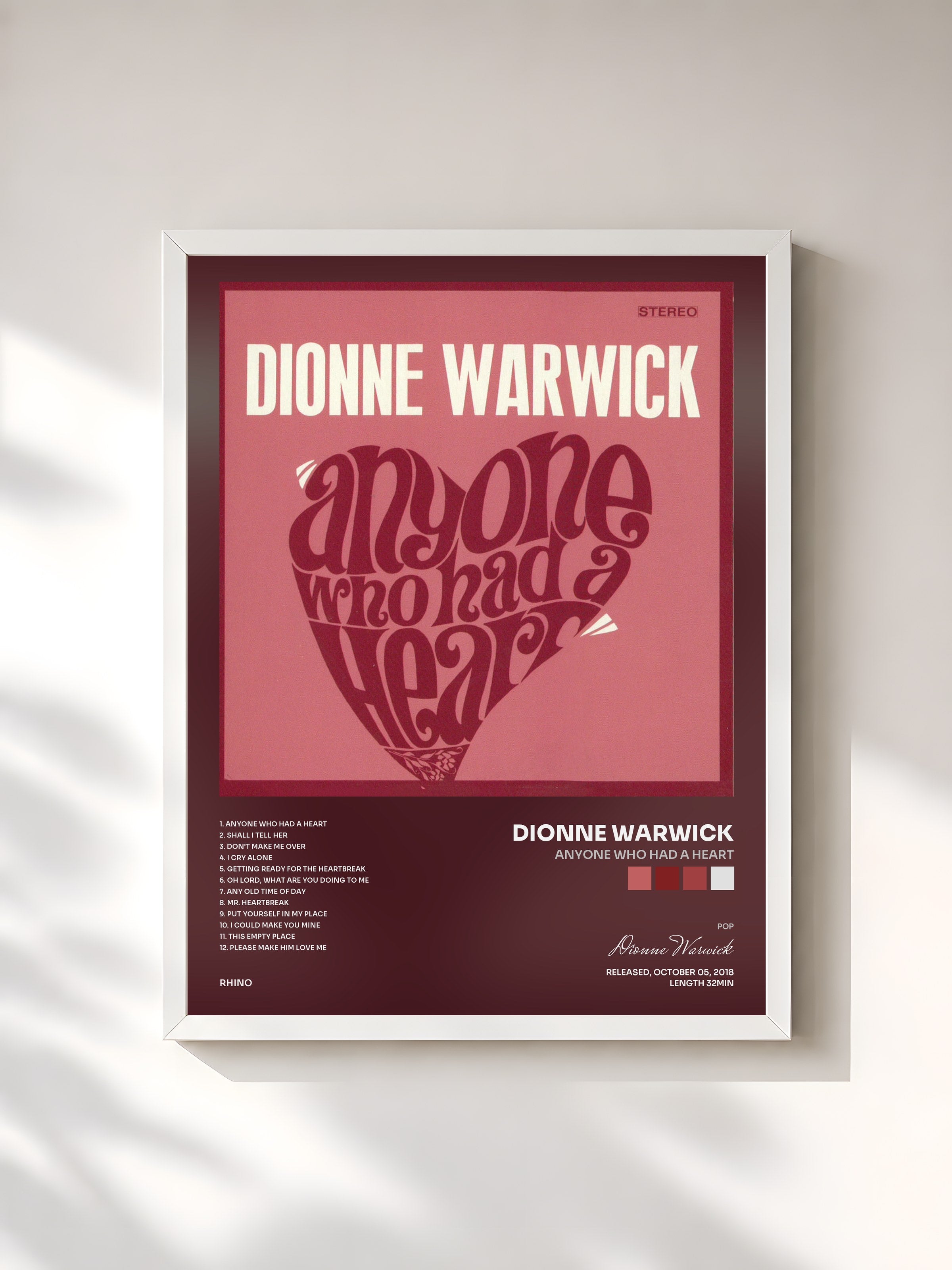 #blanc Tableau de l'album Anyone Who Had a Heart de Dionne Warwick, cadre blanc, imprimé et encadré en France