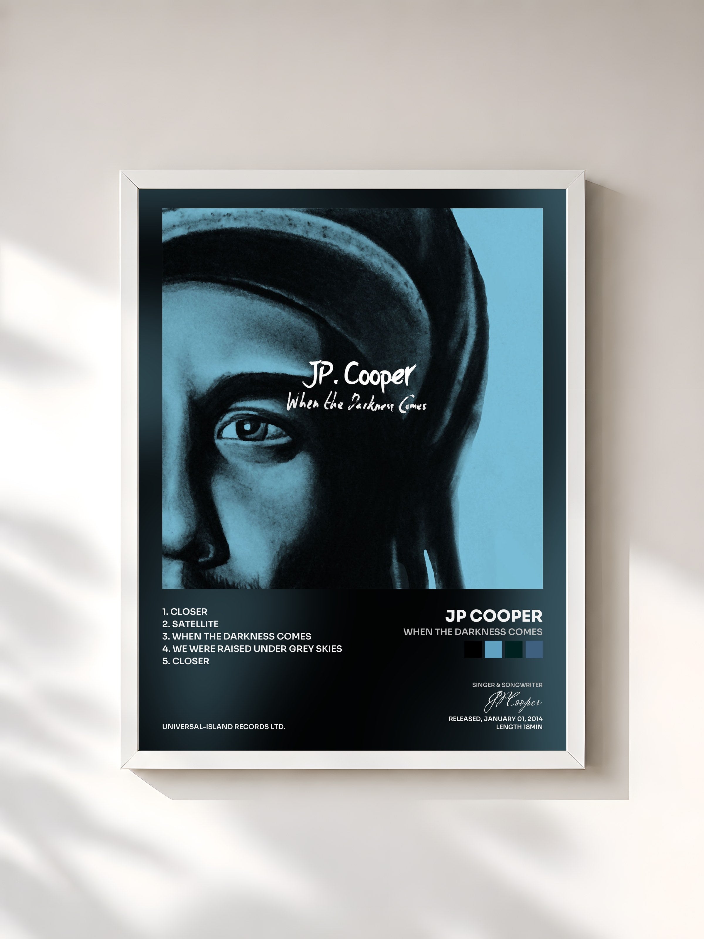 #blanc Tableau de l'album When The Darkness Comes de JP Cooper, cadre blanc, imprimé et encadré en France